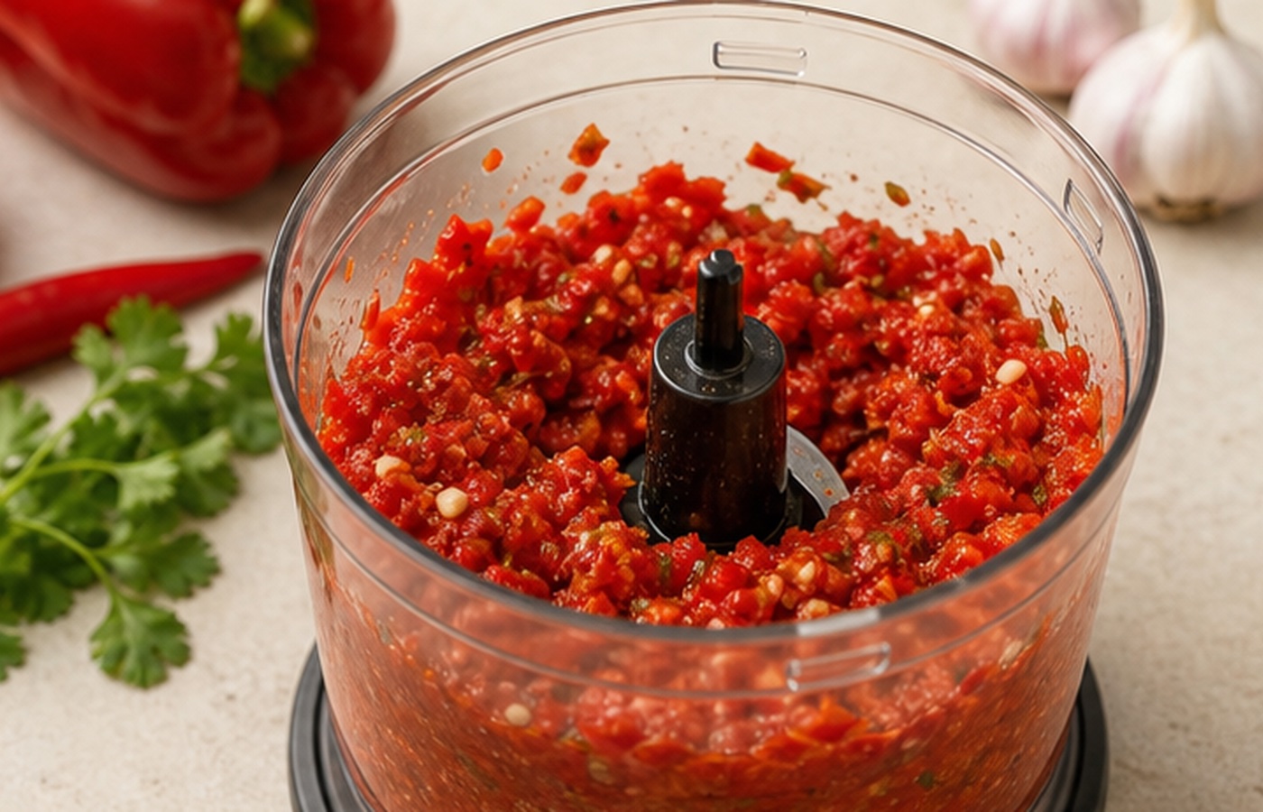 Перцы, чеснок и зелень пропускаются через мясорубку