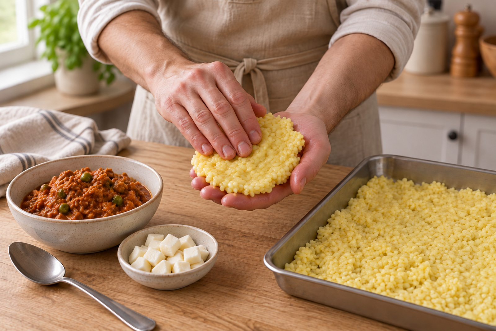 Лепка аранчини с рагу и сыром