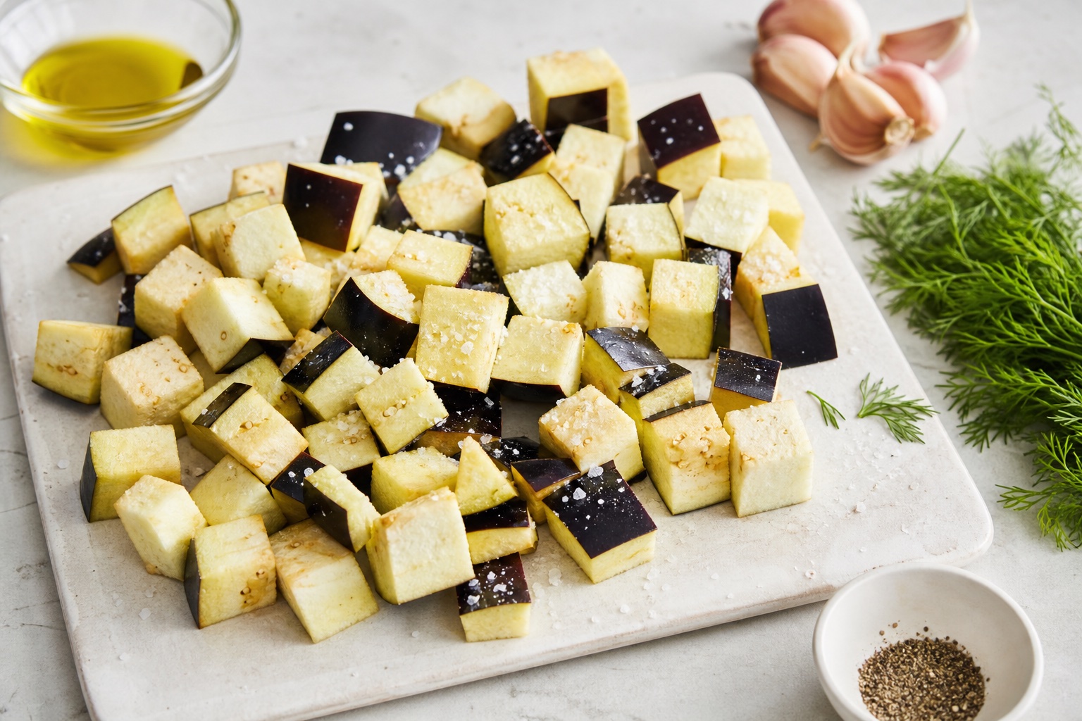 Баклажаны нарезаны крупными кубиками и посолены