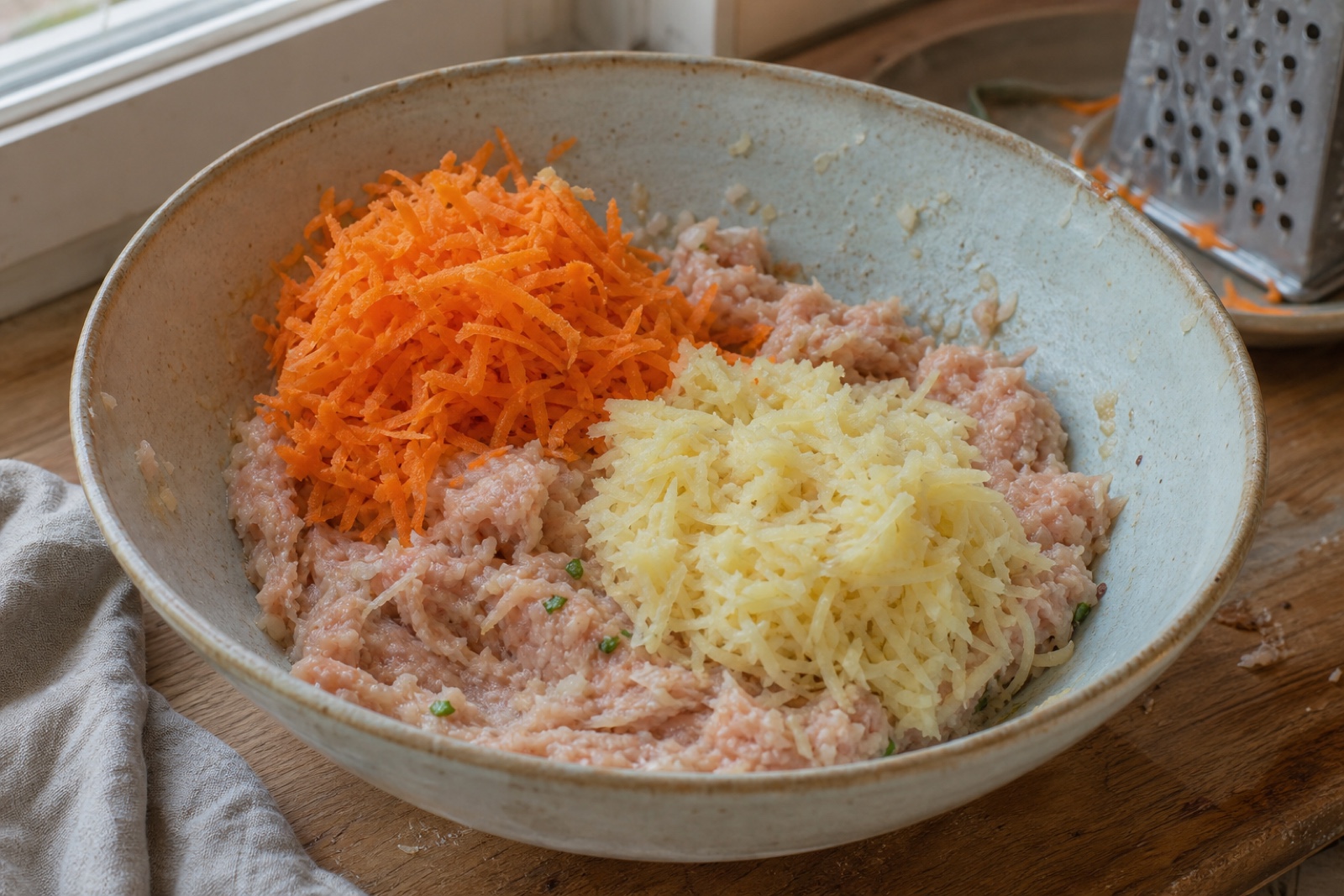 Тёртые морковь и картофель делают куриный фарш мягче и сочнее