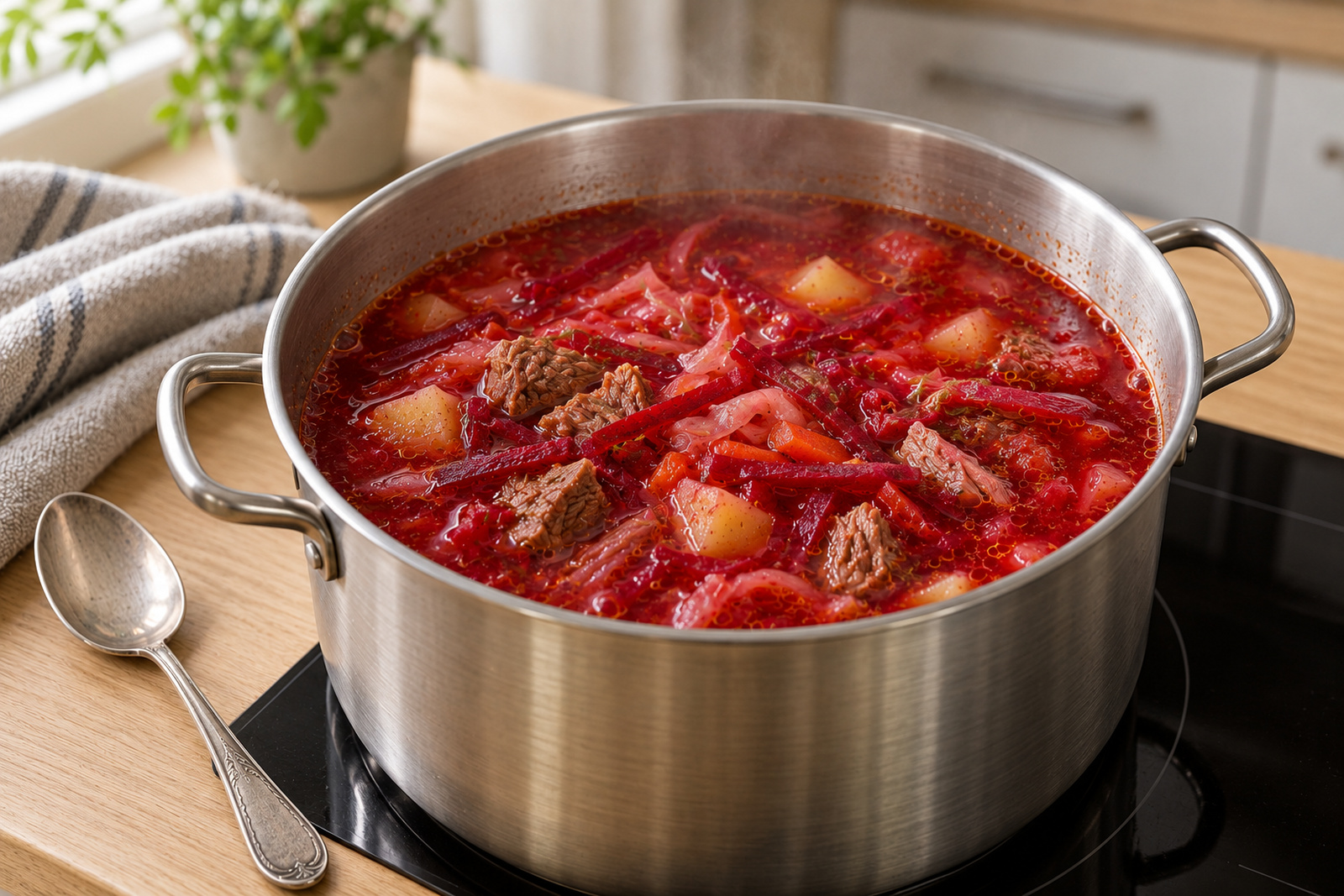 Борщ с говядиной и овощами в кастрюле