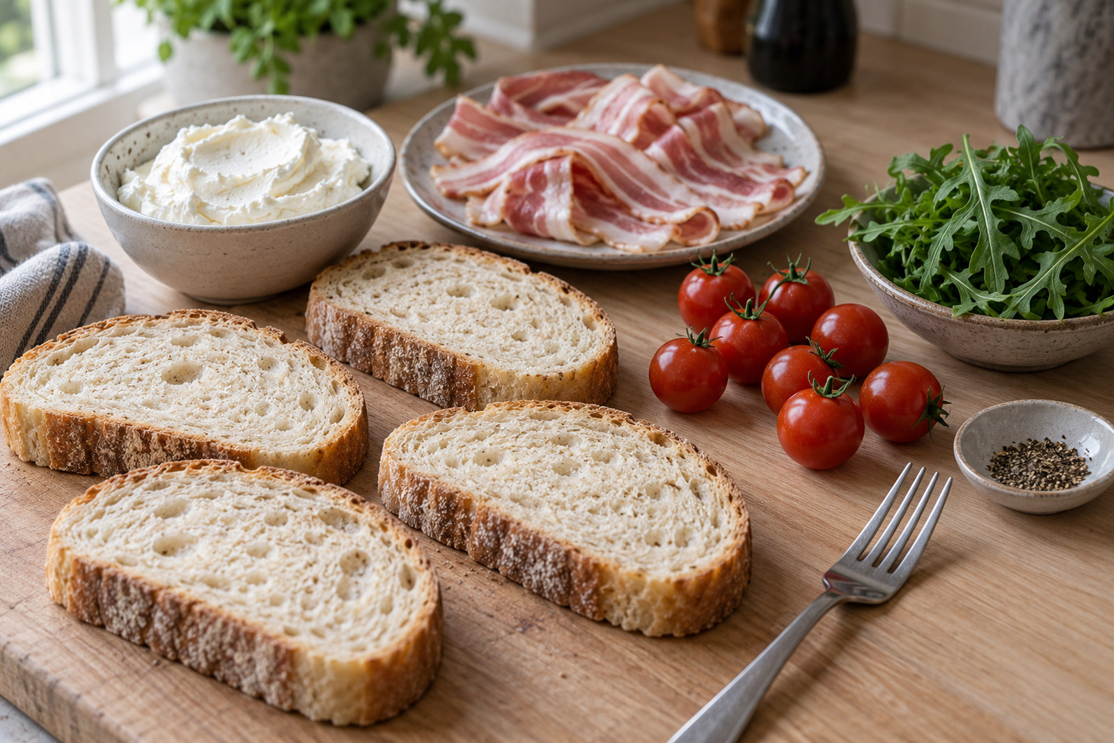 Продукты для брускетт с беконом и руколой