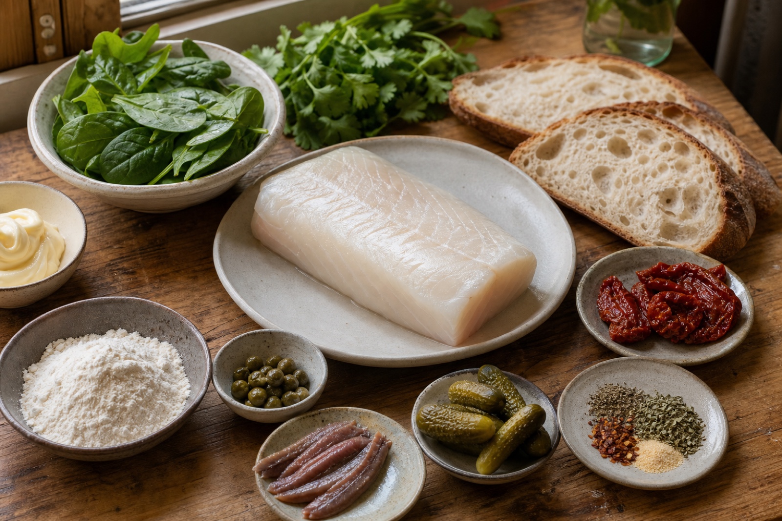 Филе масляной рыбы, шпинат, зелень, корнишоны, каперсы и другие продукты перед приготовлением