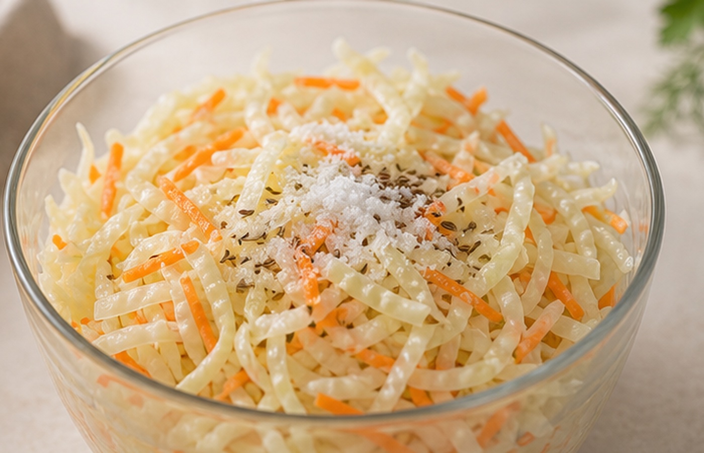 Овощи перетираются руками с солью, сахаром и тмином