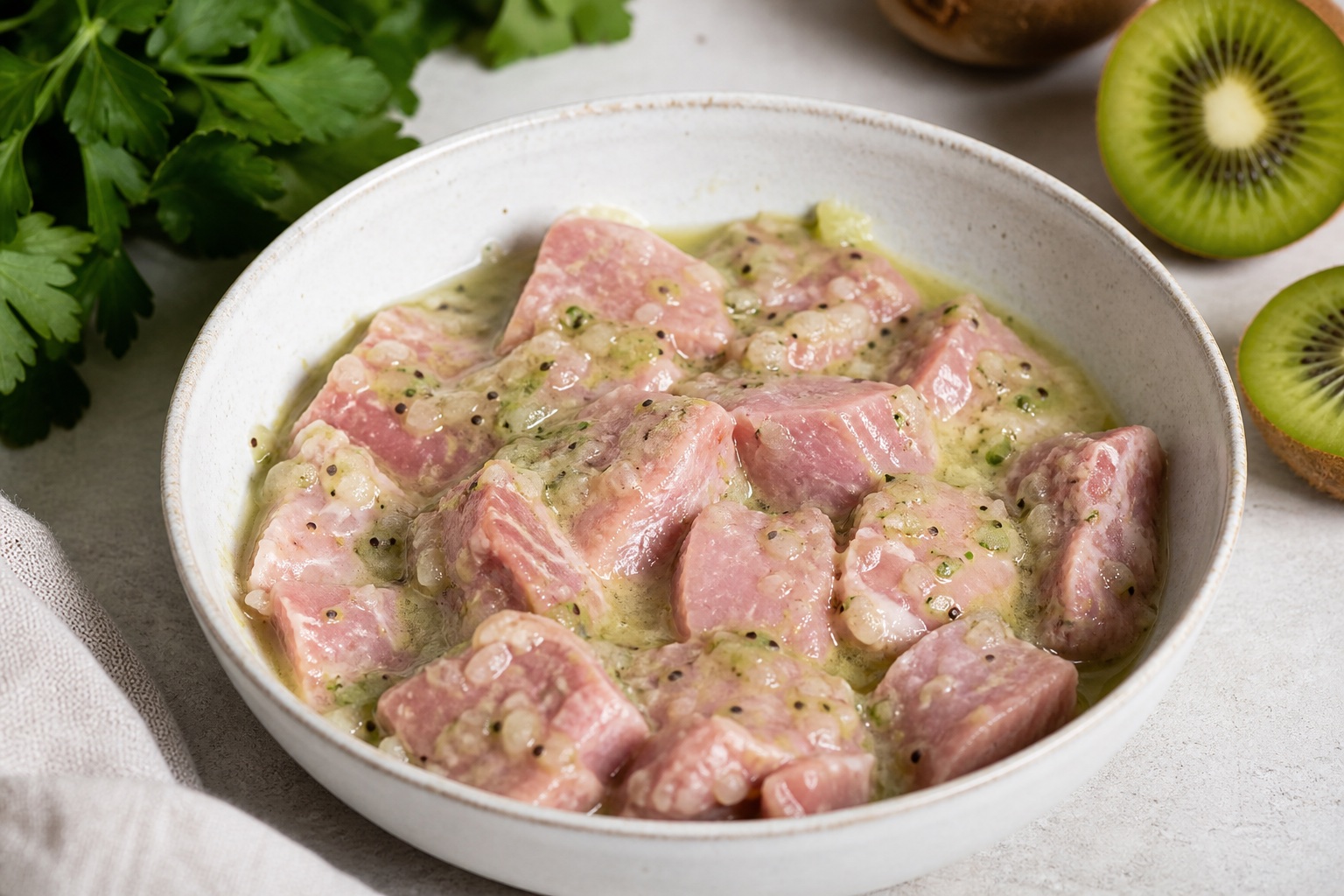 Мясо перемешивается с маринадом из киви и лука
