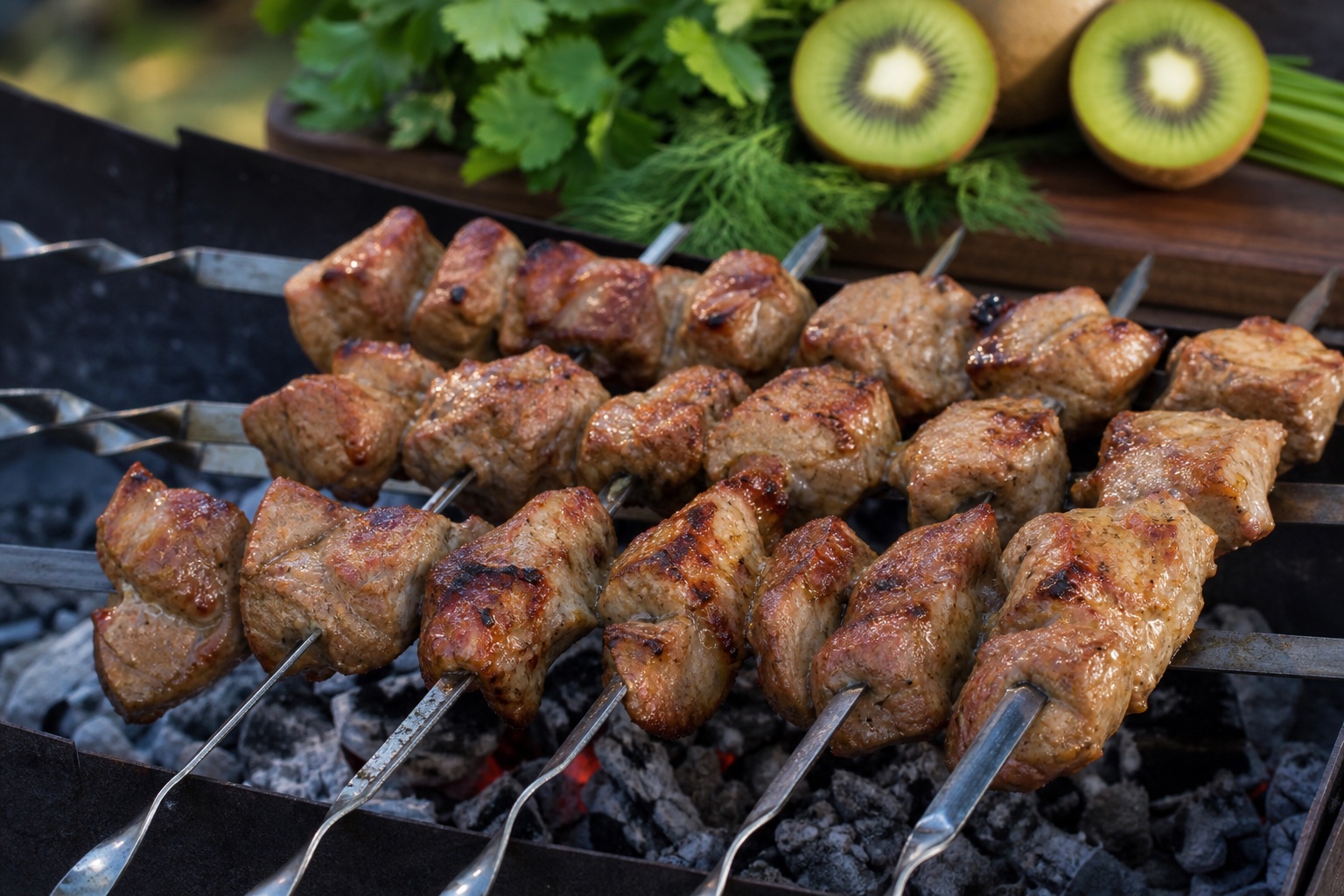 Куски очищены от пюре и жарятся на умеренных углях