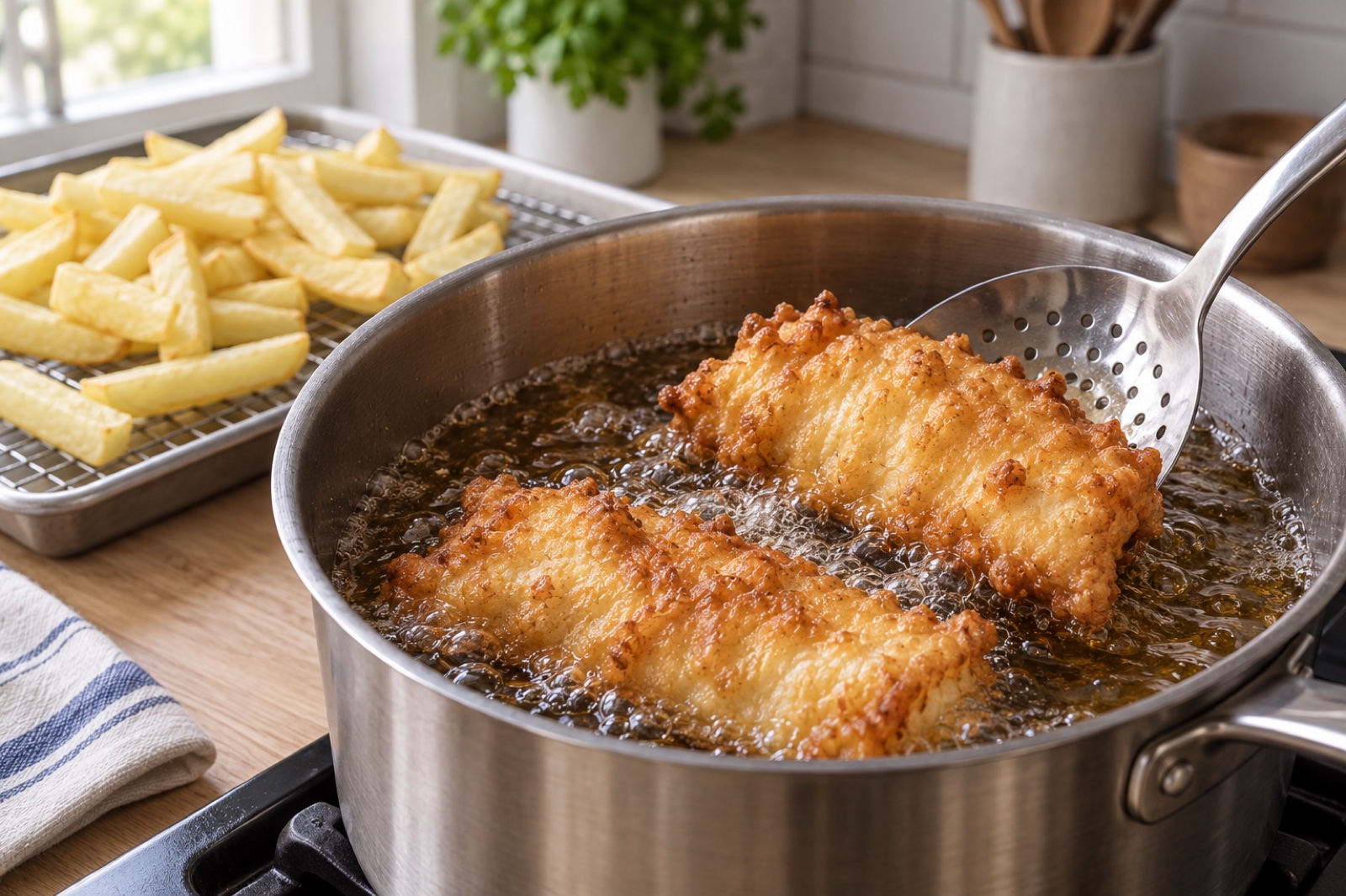 Куски трески в кляре жарятся до золотистой корочки