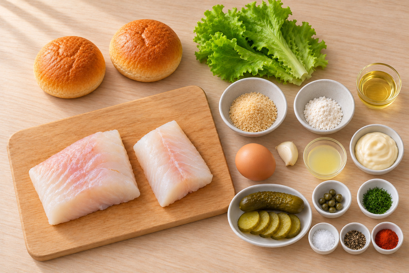 Продукты для двух фишбургеров: треска, булочки, яйцо, сухари, салат, огурцы и соус