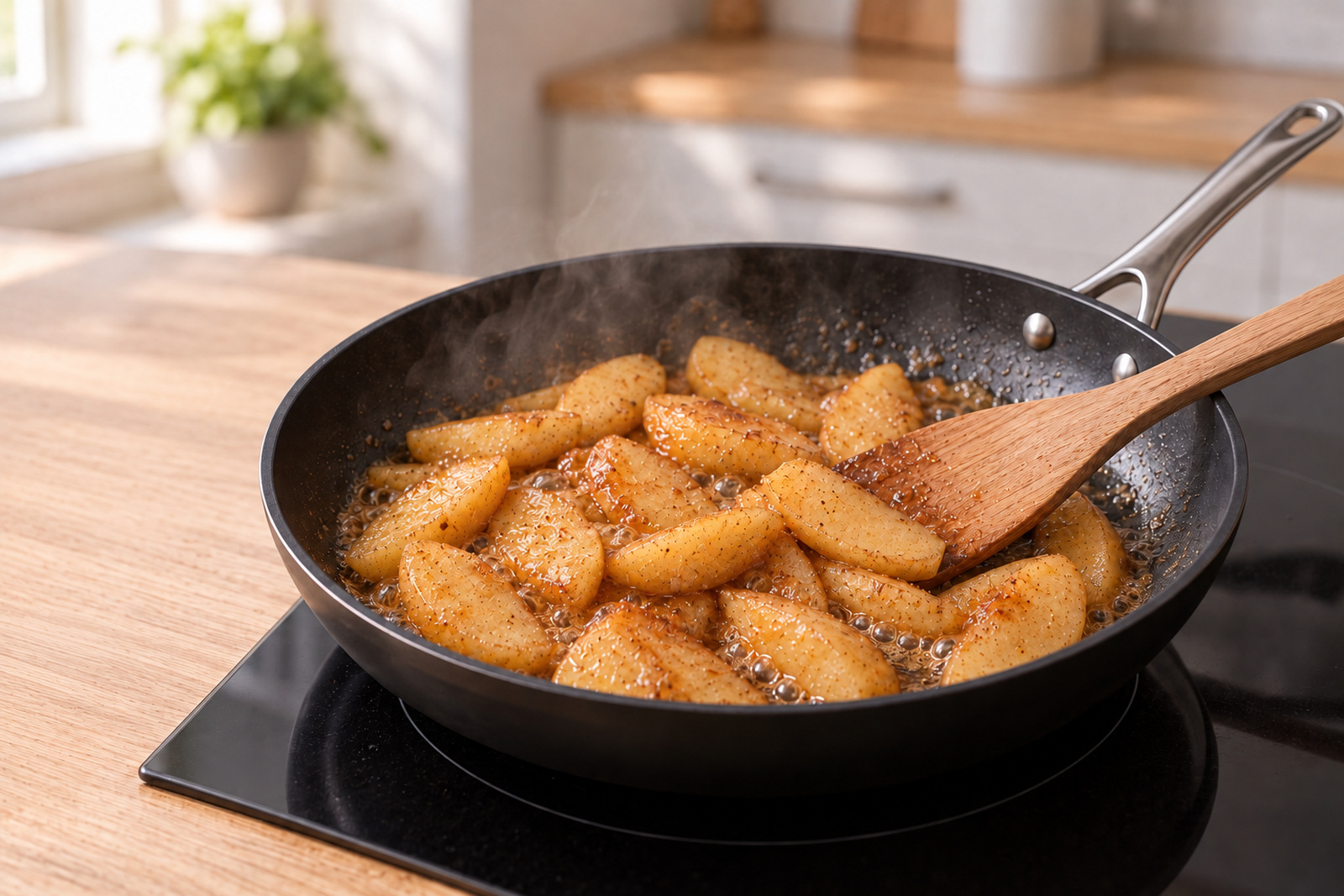 Яблоки готовятся с корицей и сахаром