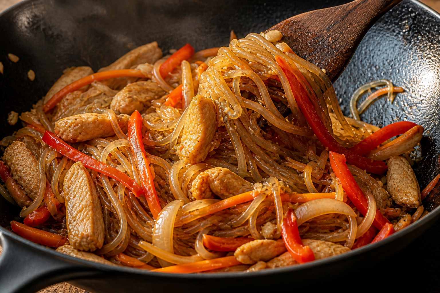 Прозрачная фунчоза вмешана в курицу с овощами и покрыта соусом и покрыта соевым соусом