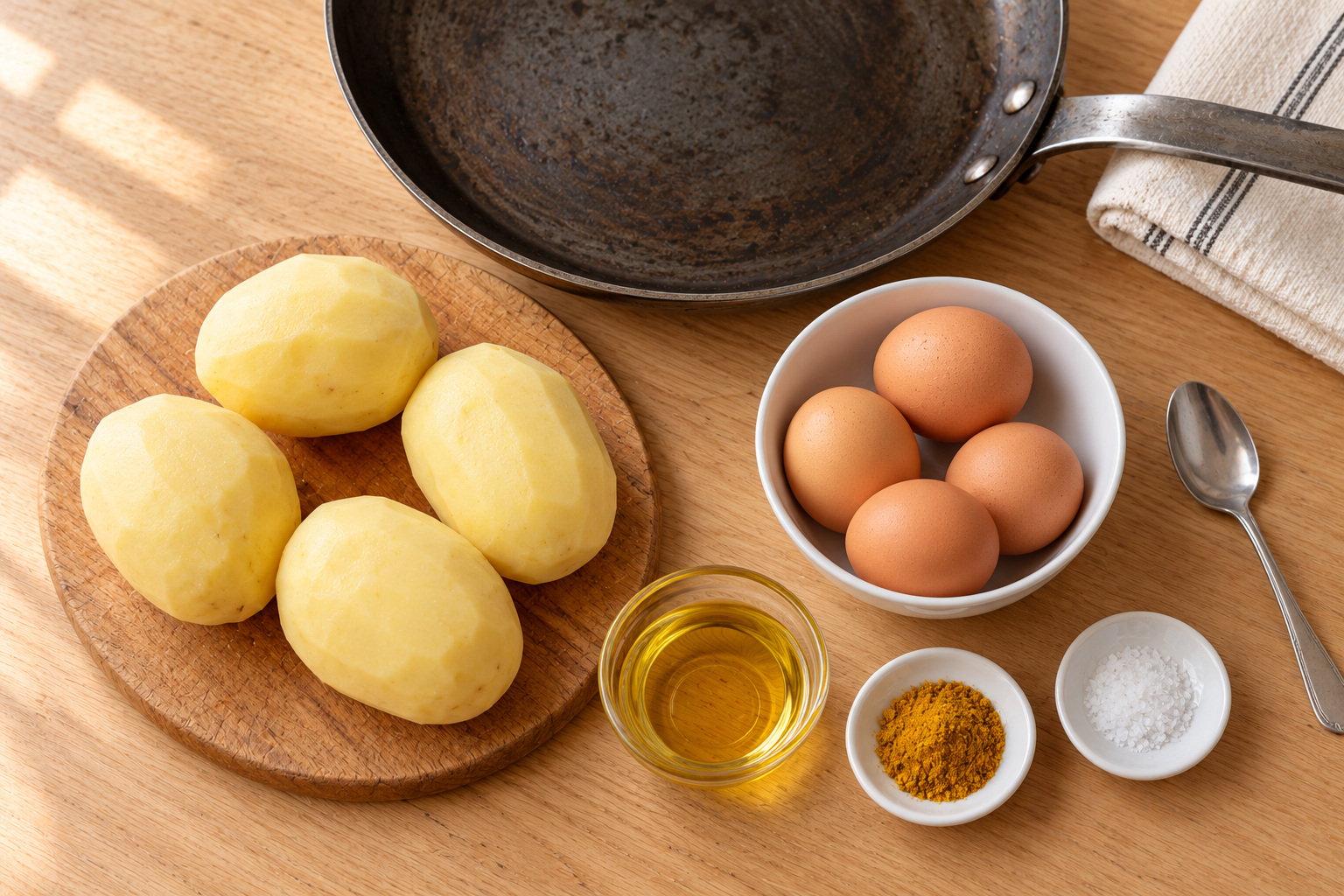 Картофель, яйца, масло, карри и соль для глазуньи