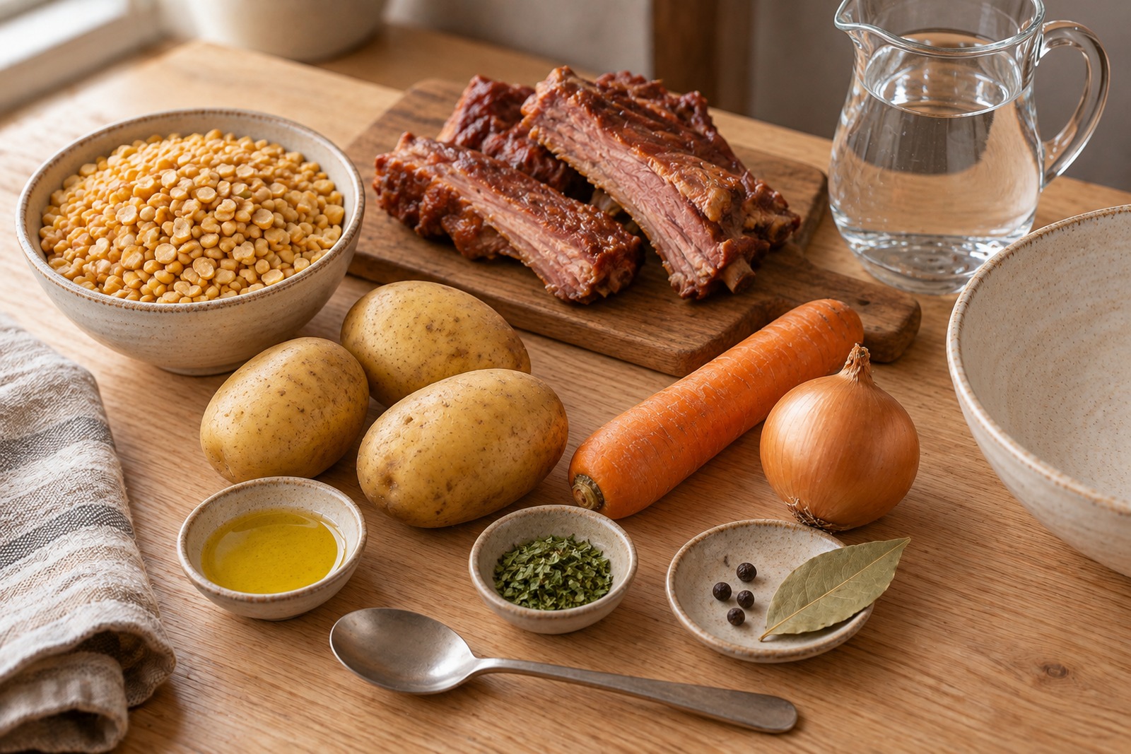 Продукты для горохового супа с копчёными рёбрышками