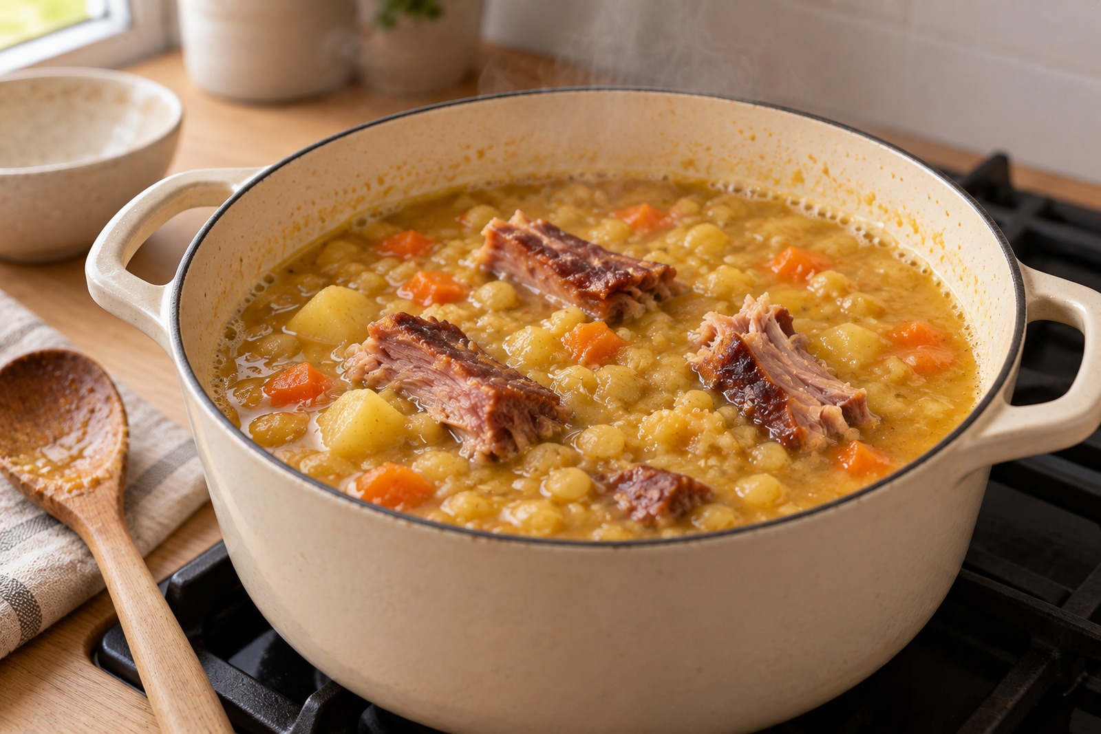 Гороховый суп с рёбрышками и овощами кипит в кастрюле