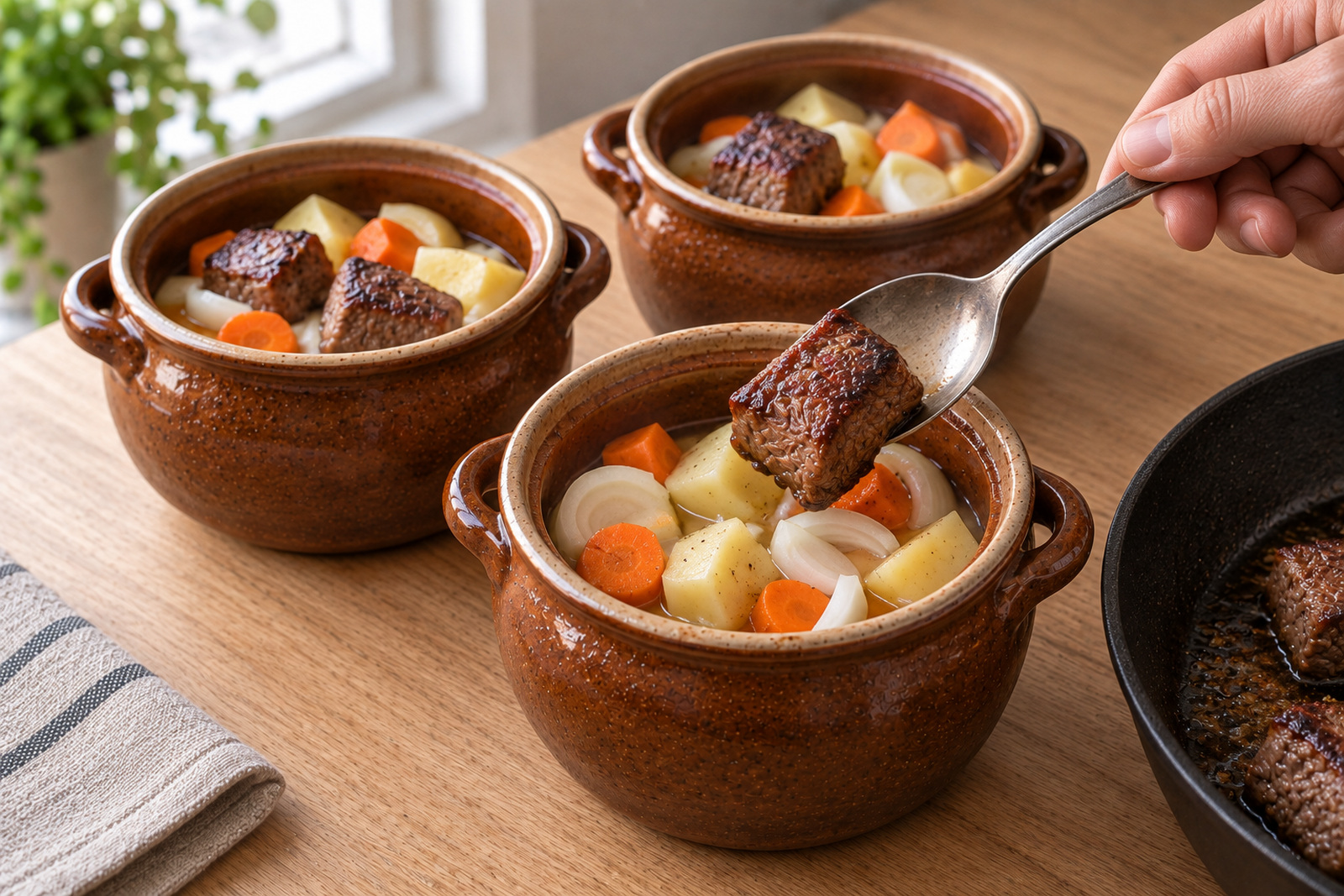 Мясо и овощи уложены в горшочек