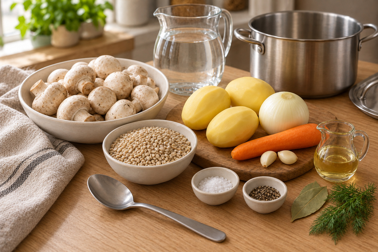 Продукты для грибного супа с перловкой