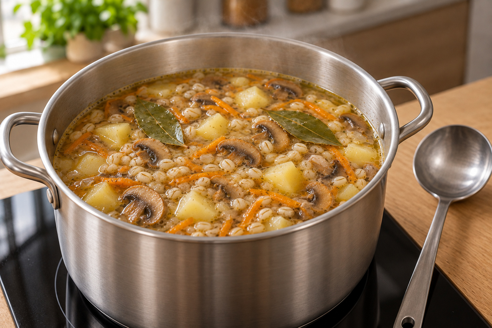 Перловка и картофель варятся в грибном супе