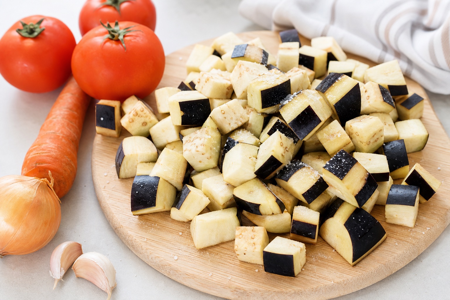 Баклажаны нарезаны кубиками и посолены