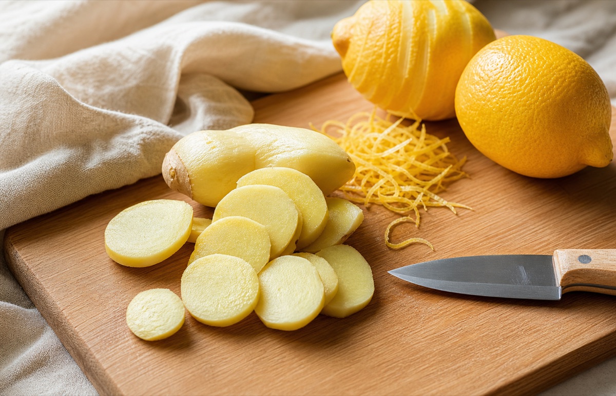 Имбирь нарезан тонкими пластинками, цедра снята