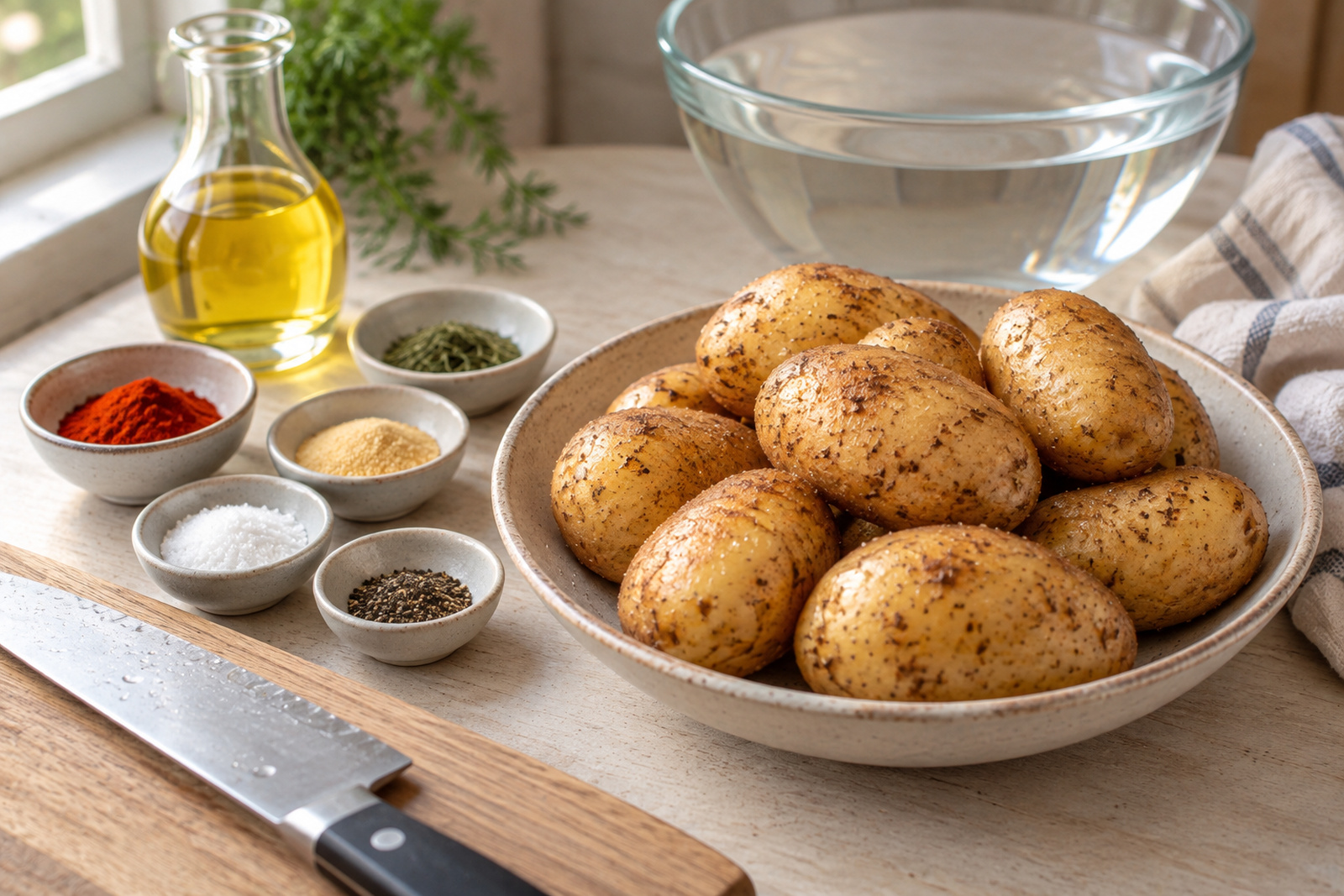 Вымытые плотные картофелины в кожуре, масло, паприка, сухой чеснок, укроп, соль и перец на светлом столе; нож, миска воды и чистое полотенце