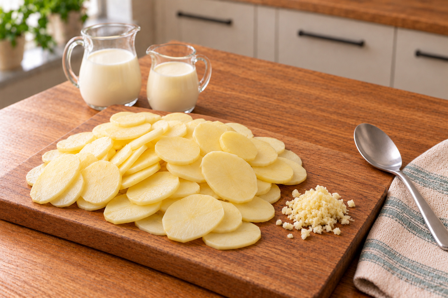 Сырые картофельные ломтики и измельчённый чеснок