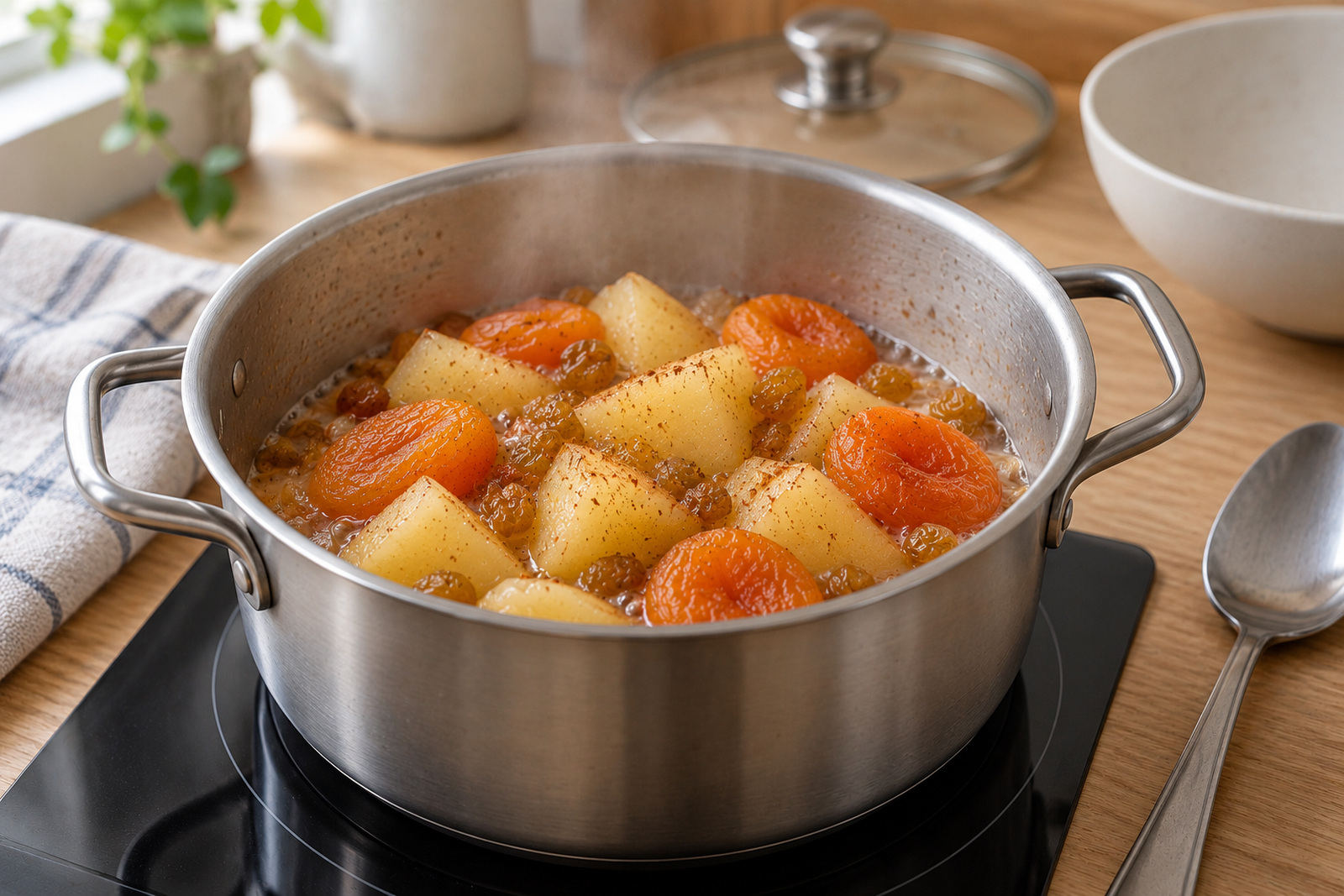 Яблоки томятся с курагой, изюмом и корицей
