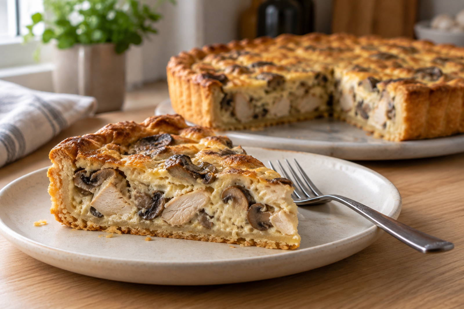 Открытый пирог с курицей и грибами