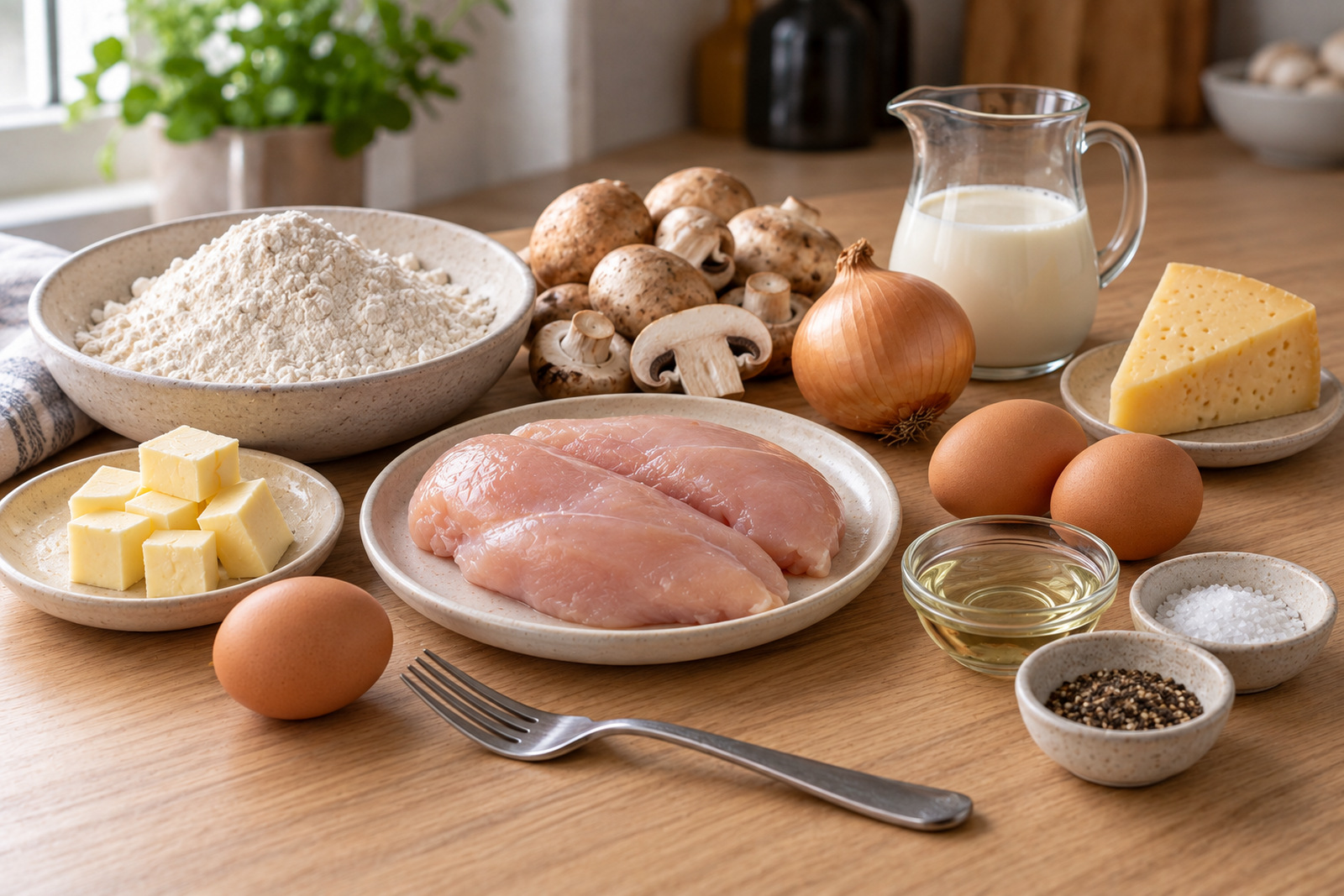 Продукты для пирога с курицей и грибами