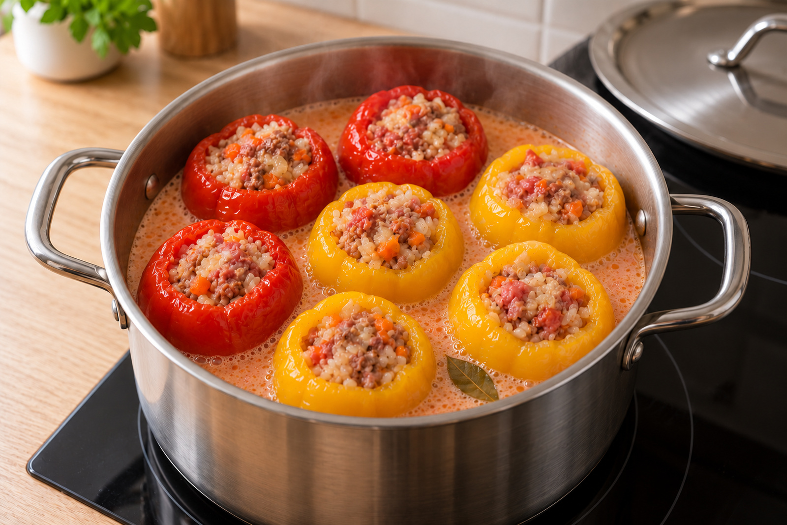 Фаршированные перцы в кастрюле с соусом