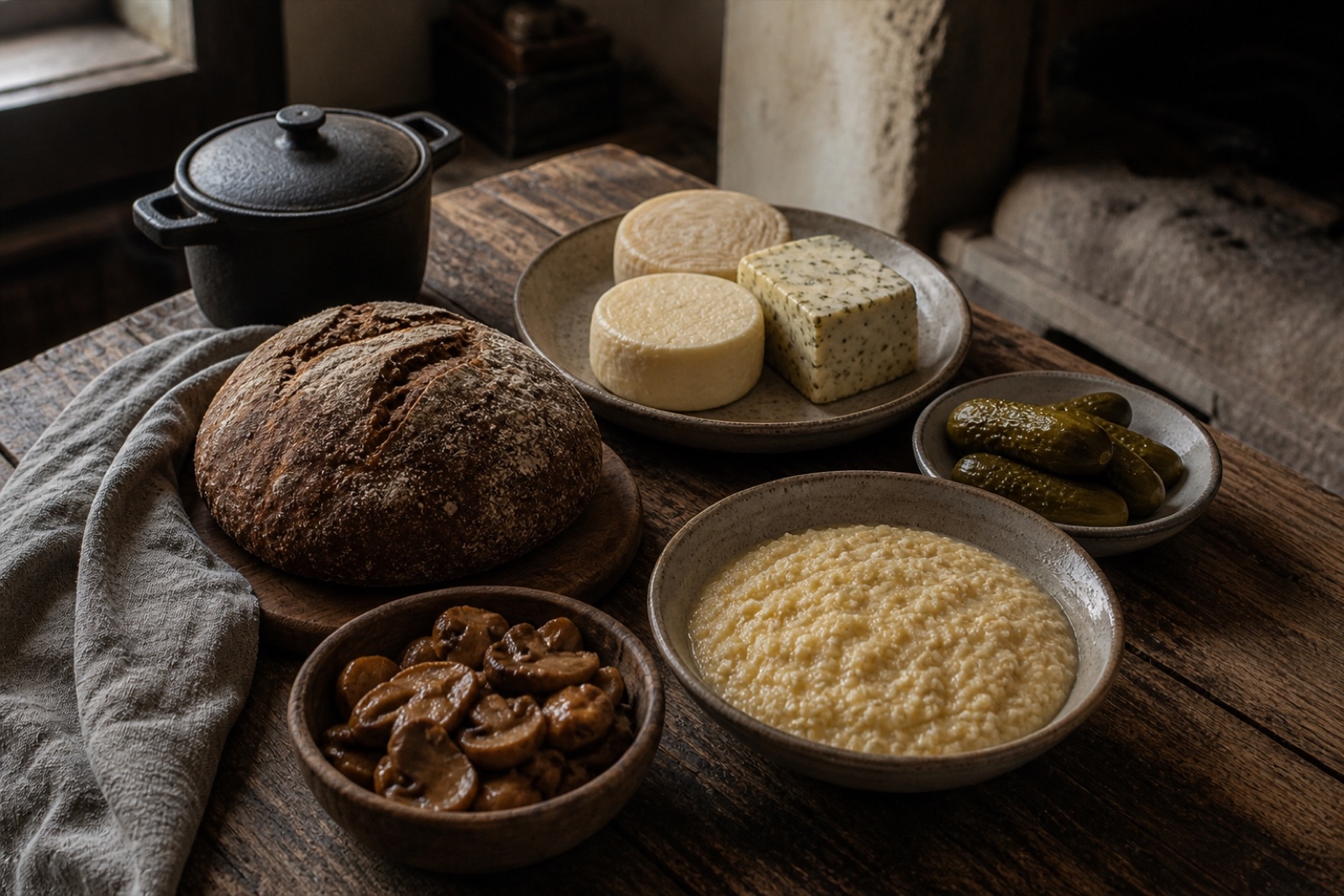 Домашний стол с ржаным хлебом, сыром, соленьями и пшённой кашей