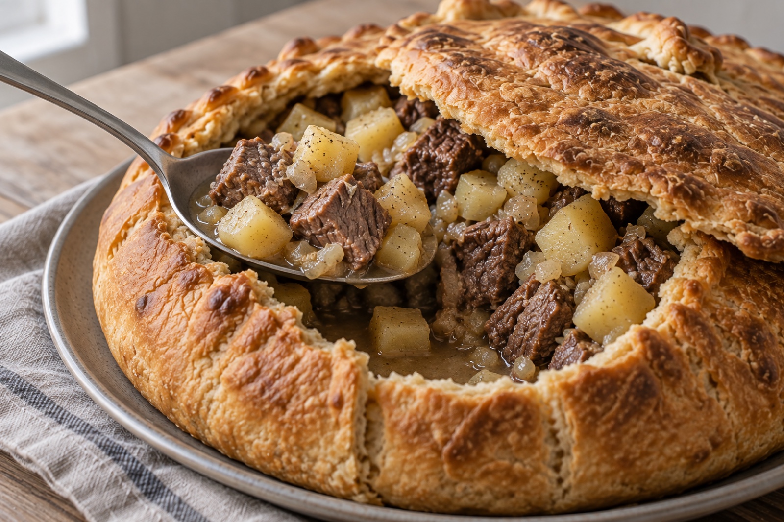 Открытый зур-бәлеш с мясом, картофелем и луком и приподнятой румяной крышкой