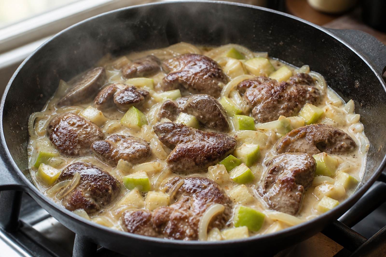 Обжаренная печень возвращена в сковороду с яблоками и сливочным соусом
