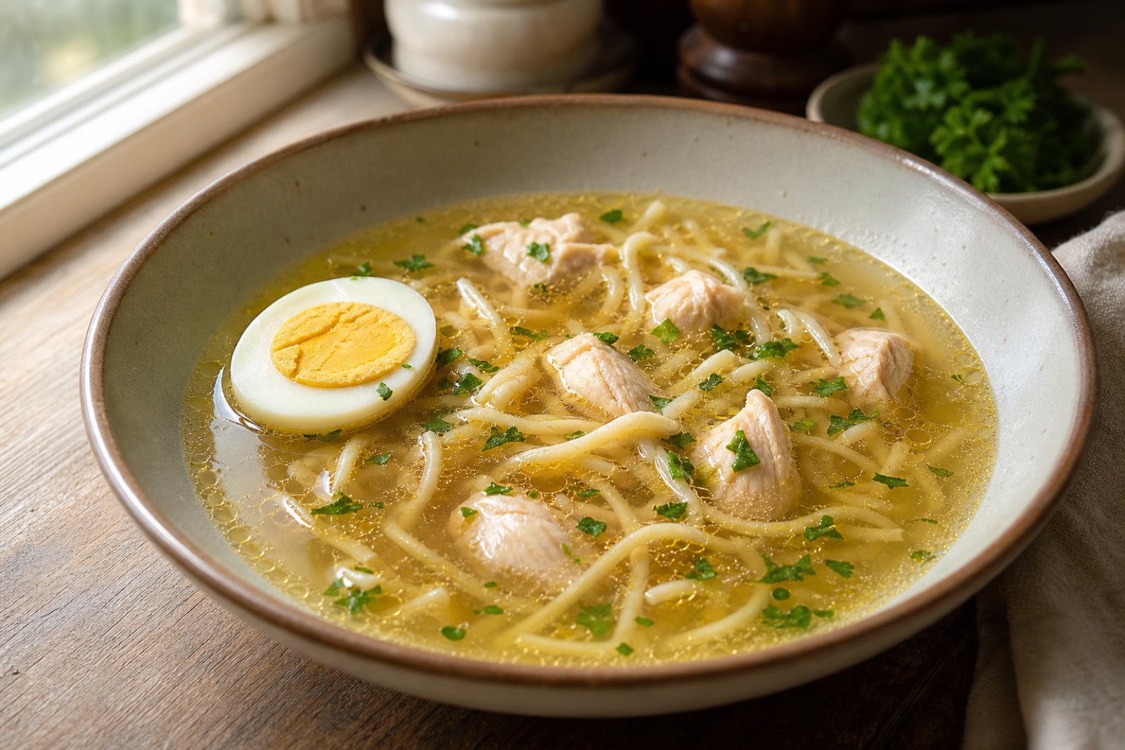 Классический куриный бульон с лапшой и яйцом