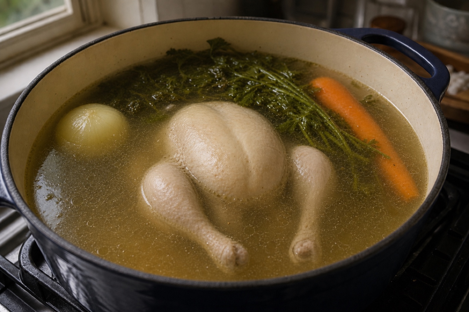Целые лук, морковь и пучок петрушки отдают бульону вкус без лишней взвеси