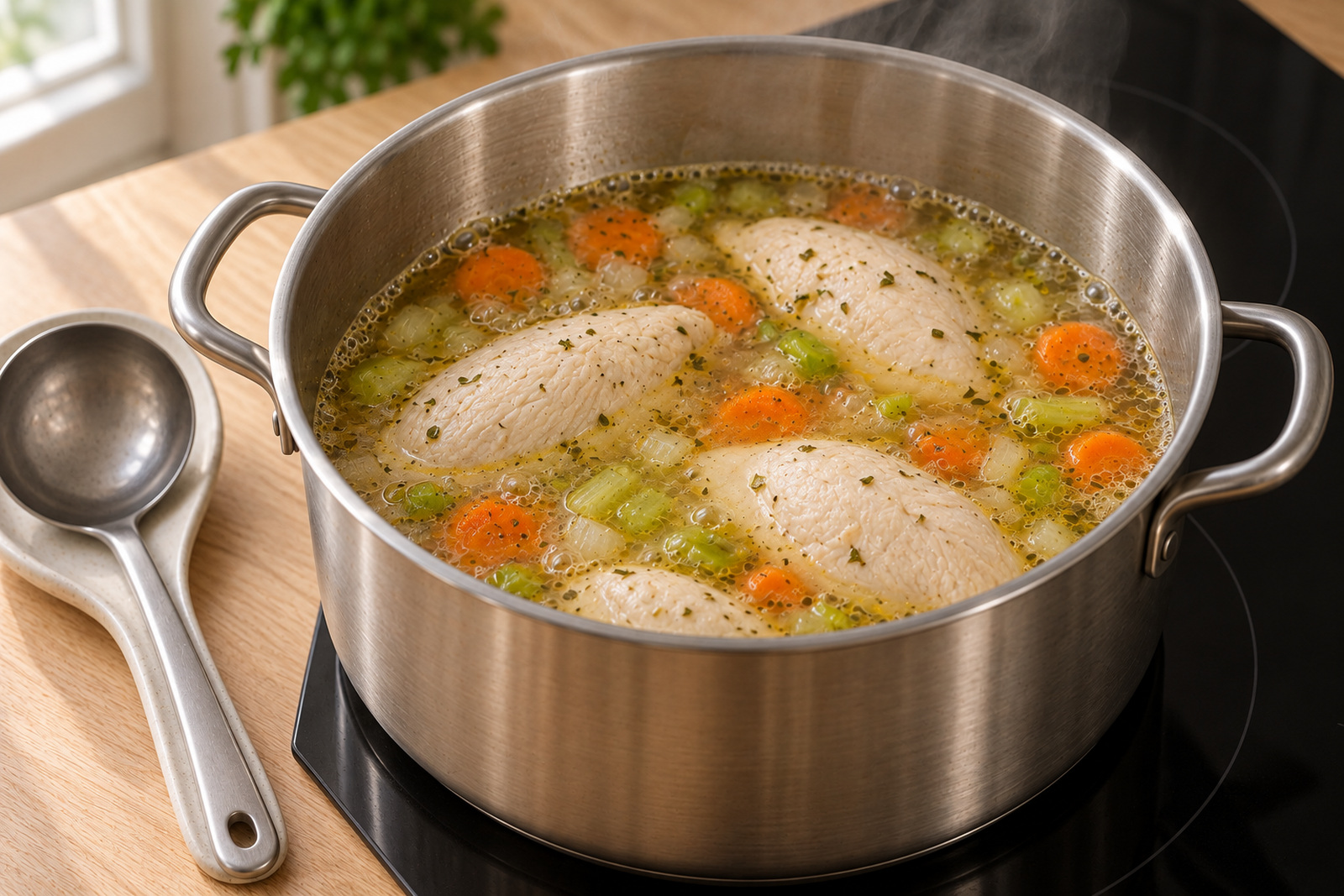 Куриное филе варится с овощами