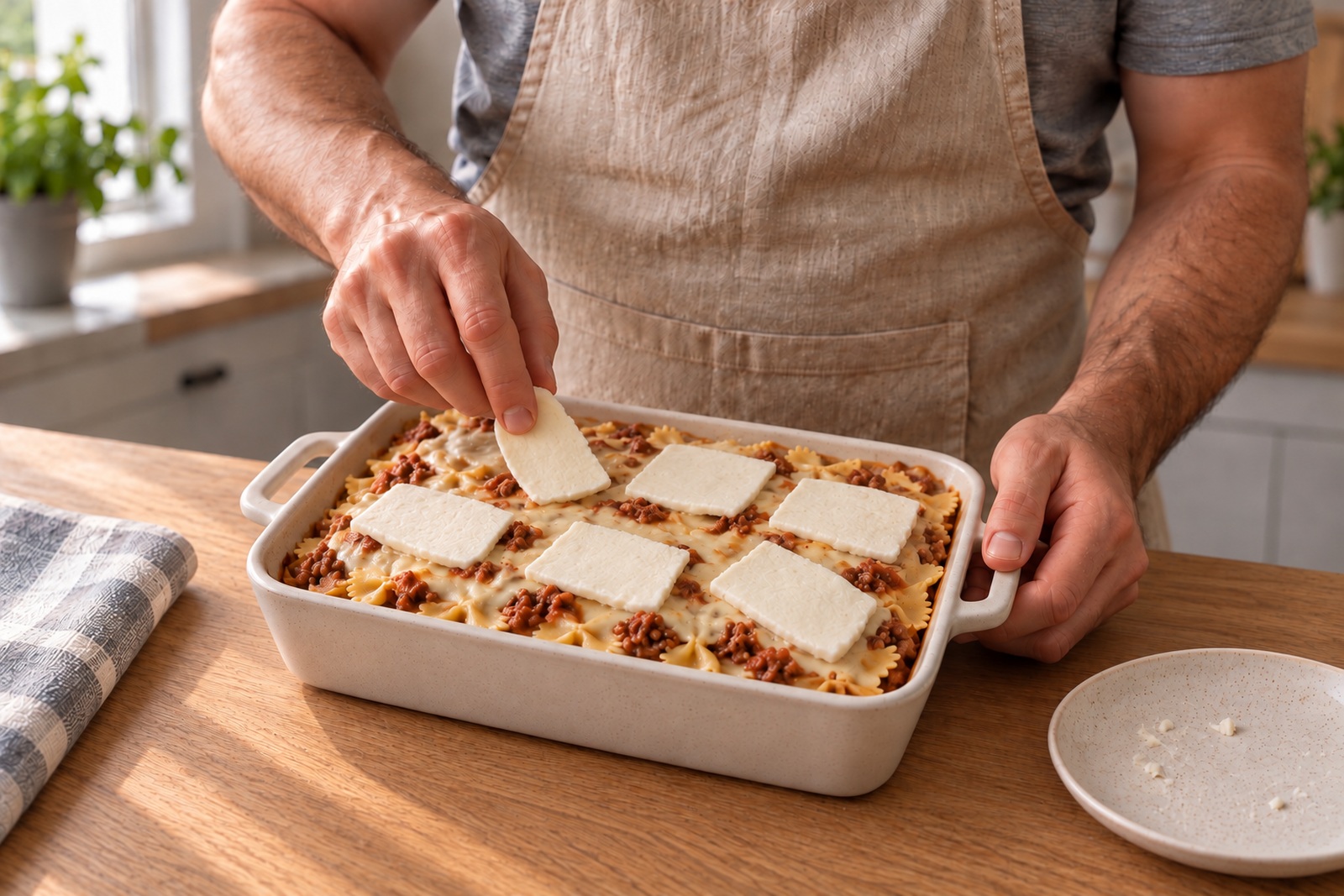 Лазанью собирают с бешамелем и моцареллой