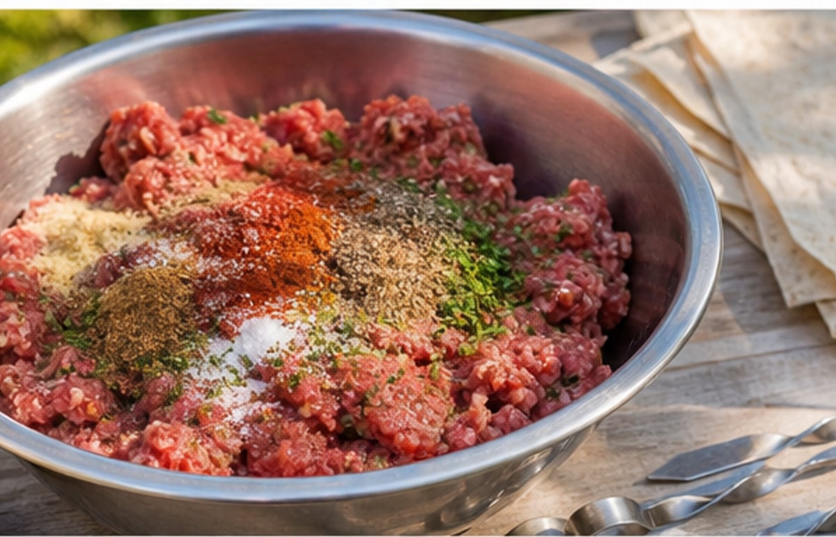 Фарш вымешан с тёртым луком, чесноком и специями