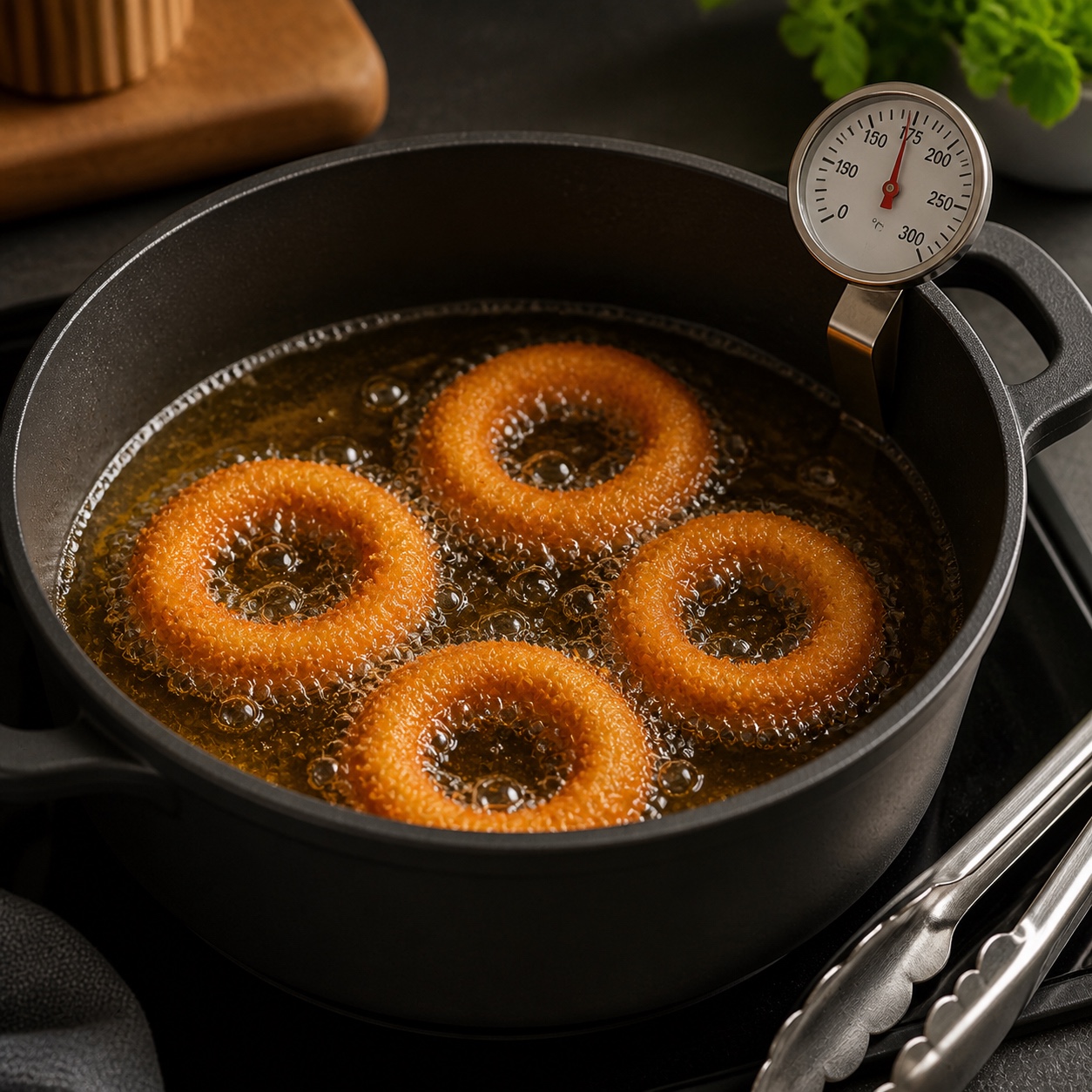 Небольшая партия луковых колец во фритюре при 175 °C