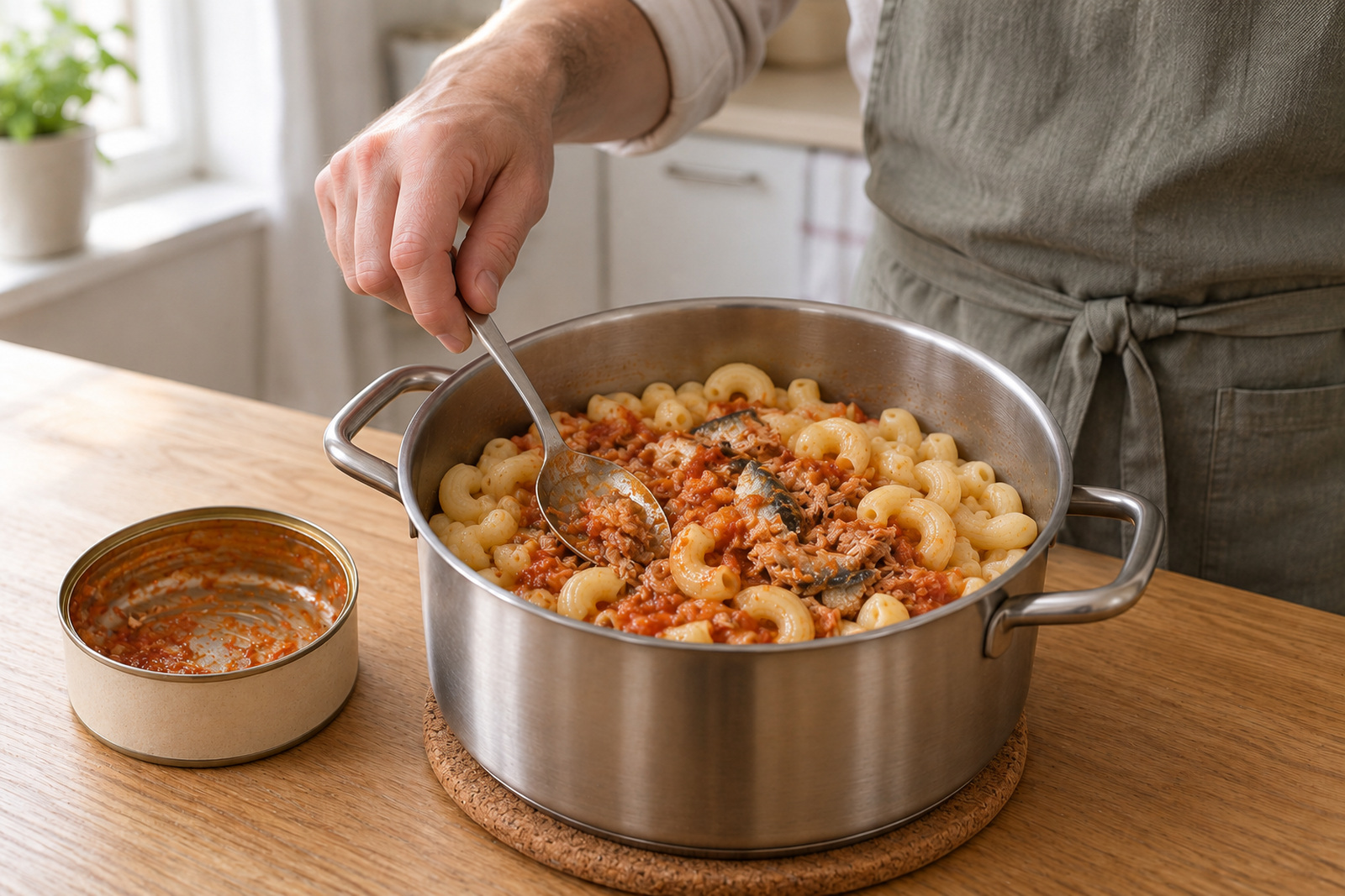 Рожки смешивают с килькой и томатным соусом.