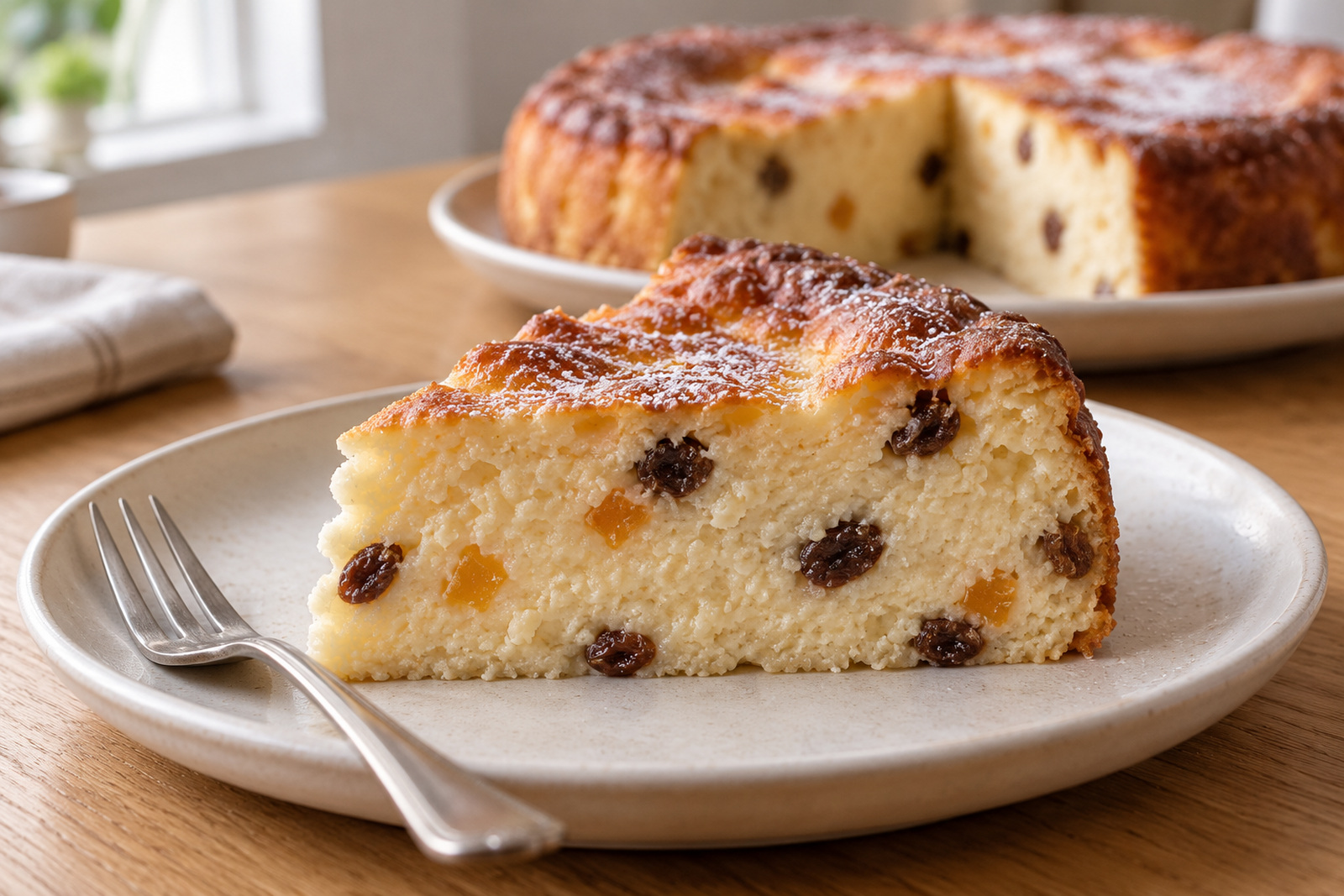 Манный пудинг с маскарпоне, изюмом и цукатами