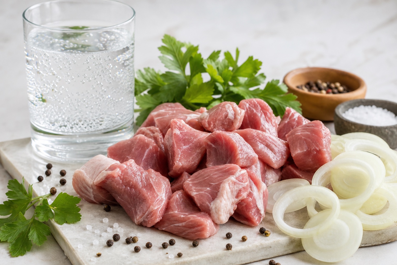 Свинина нарезана кусками одинакового размера
