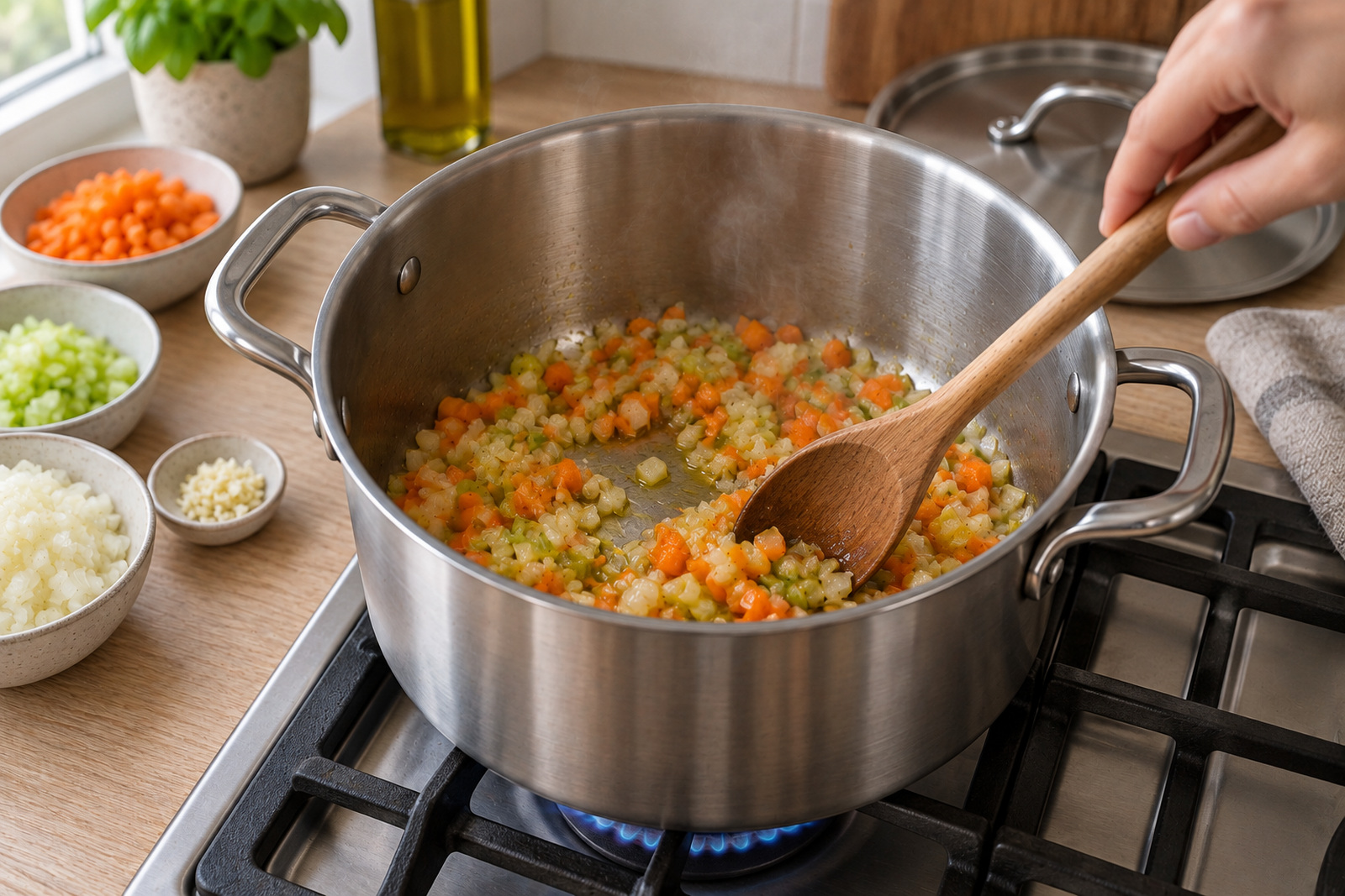 Обжаривание лука, моркови и сельдерея