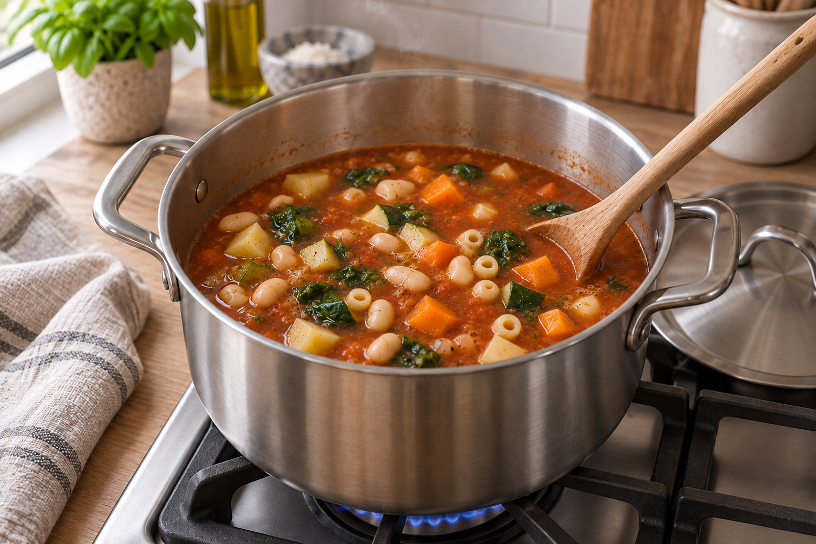 Минестроне с овощами, фасолью и диталини в кастрюле