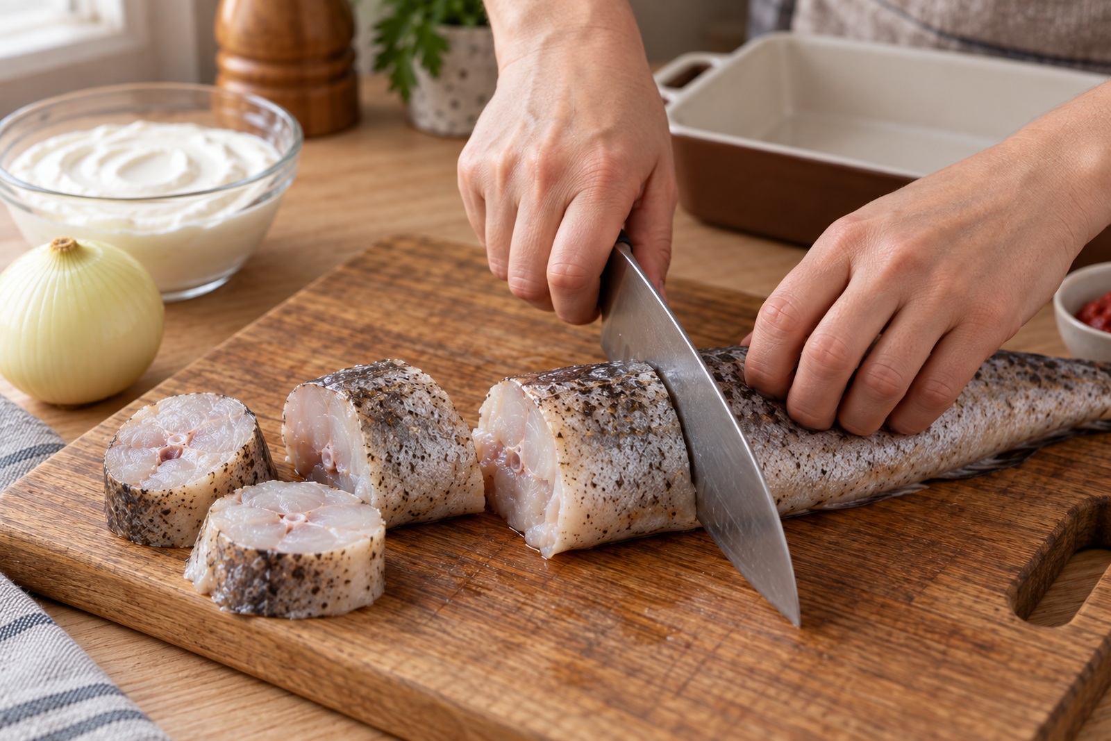 Нарезка очищенного минтая поперечными кусками