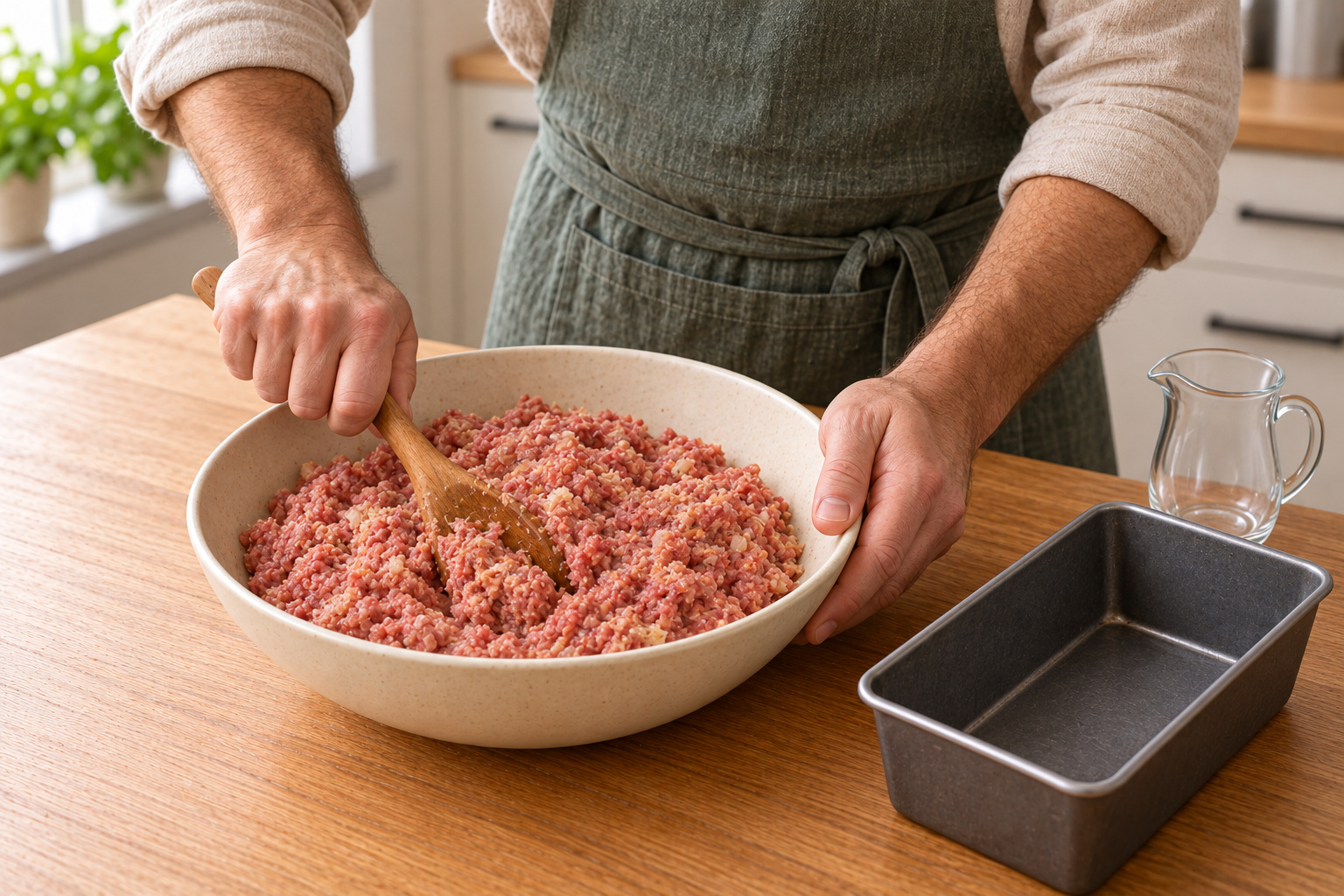 Смешивание фарша с сухарями, молоком и луком