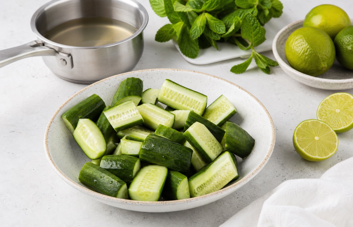 Огурцы нарезаны крупными кусочками, сироп остывает
