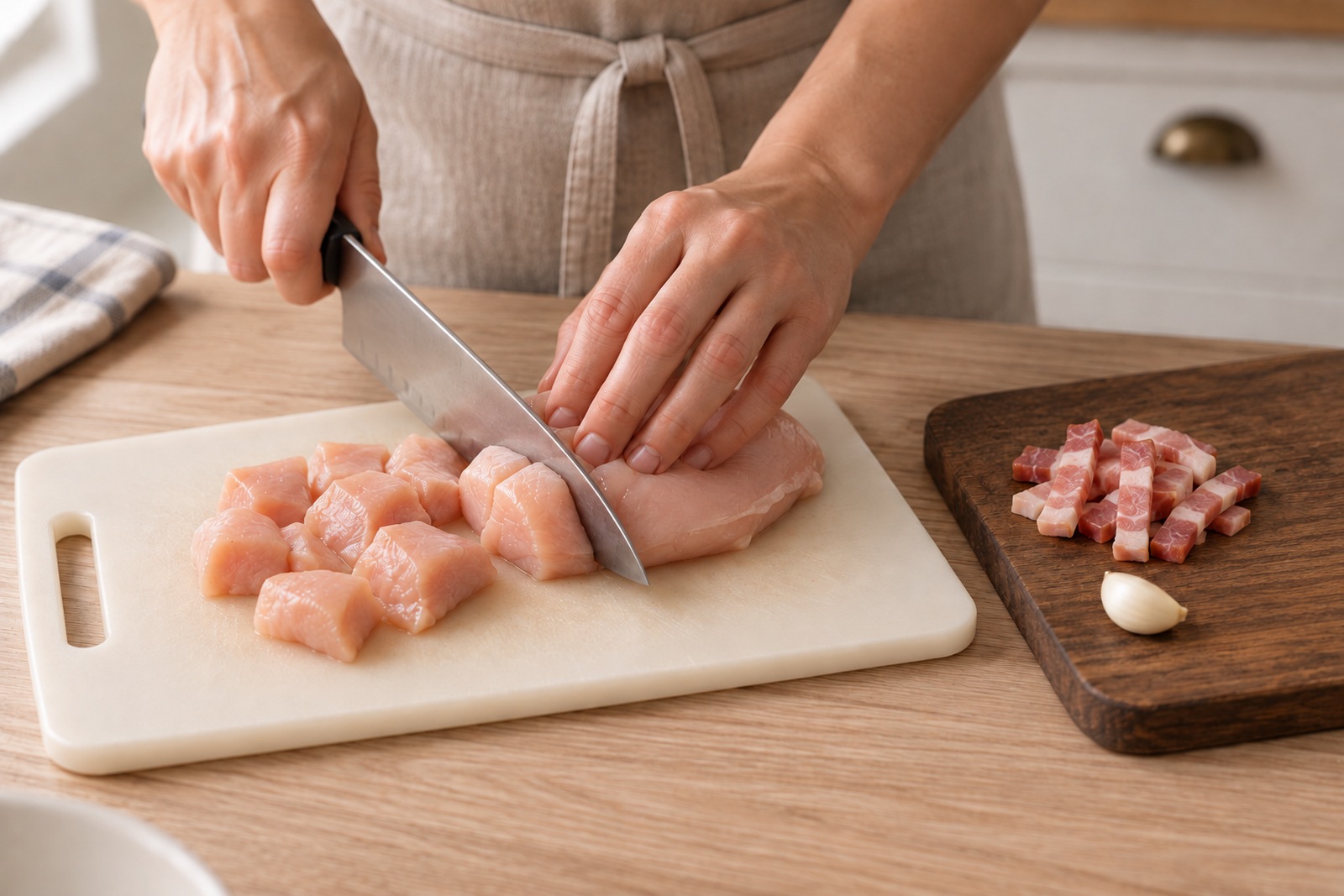 Нарезанные куриное филе и бекон на отдельных досках