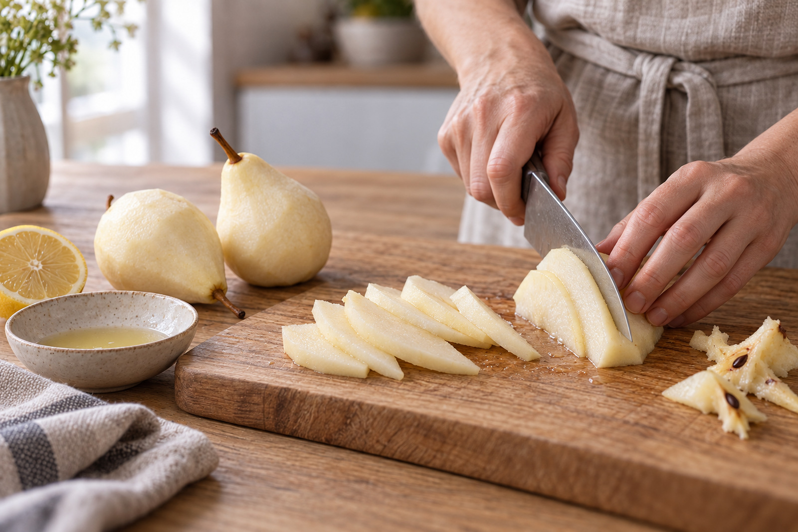 Плотные груши нарезают тонкими дольками