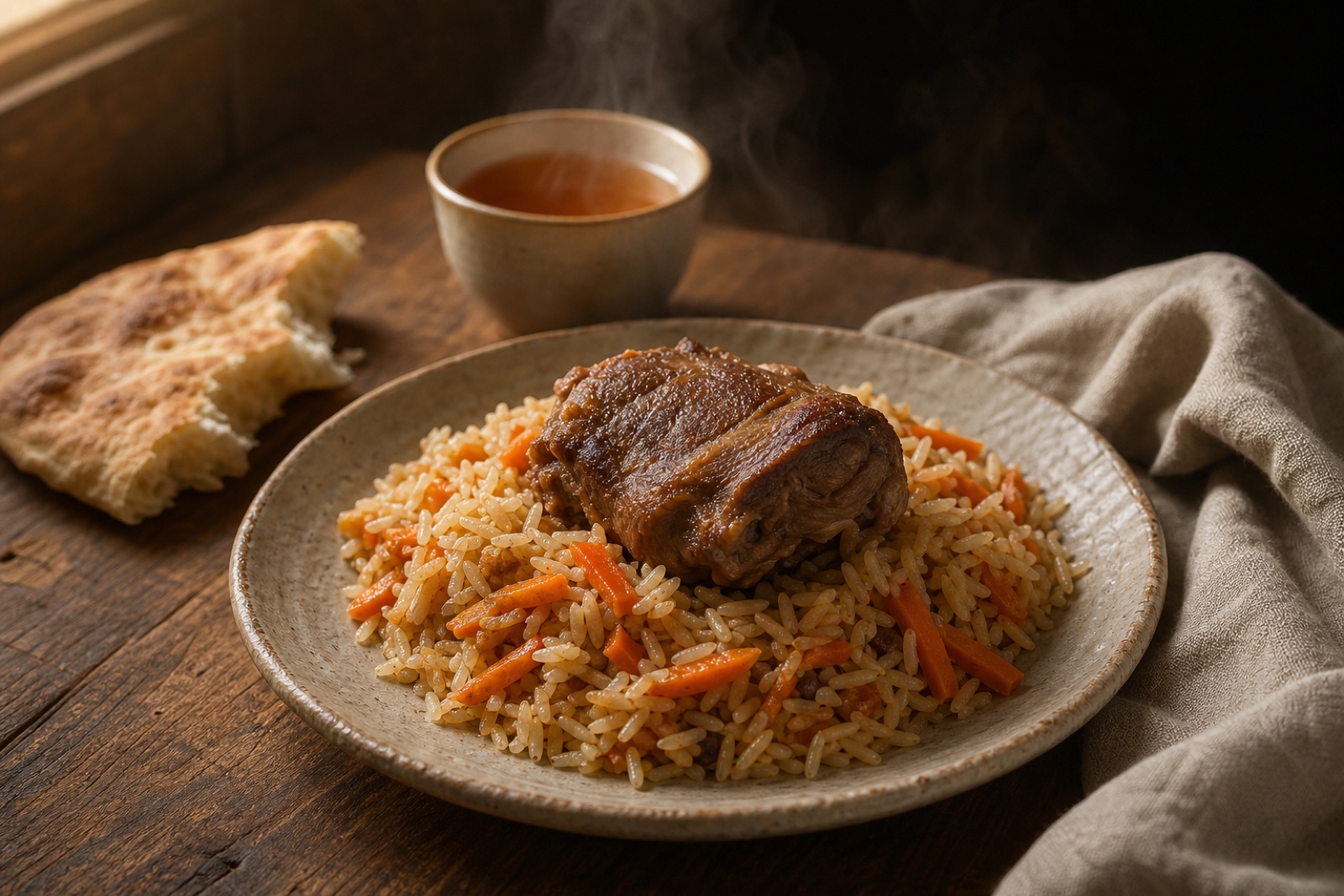 Порция рассыпчатого плова с бараниной, лепёшкой и чаем