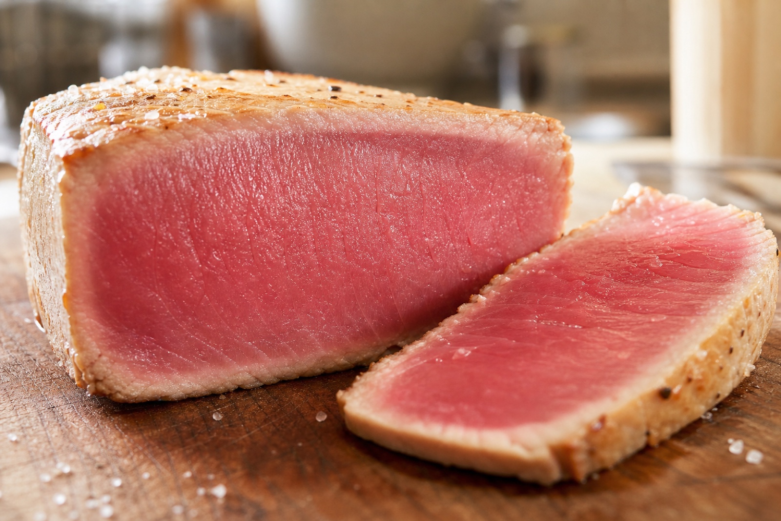 Разрез medium rare: обжаренная кромка занимает 3–4 мм, сердцевина остаётся розовой