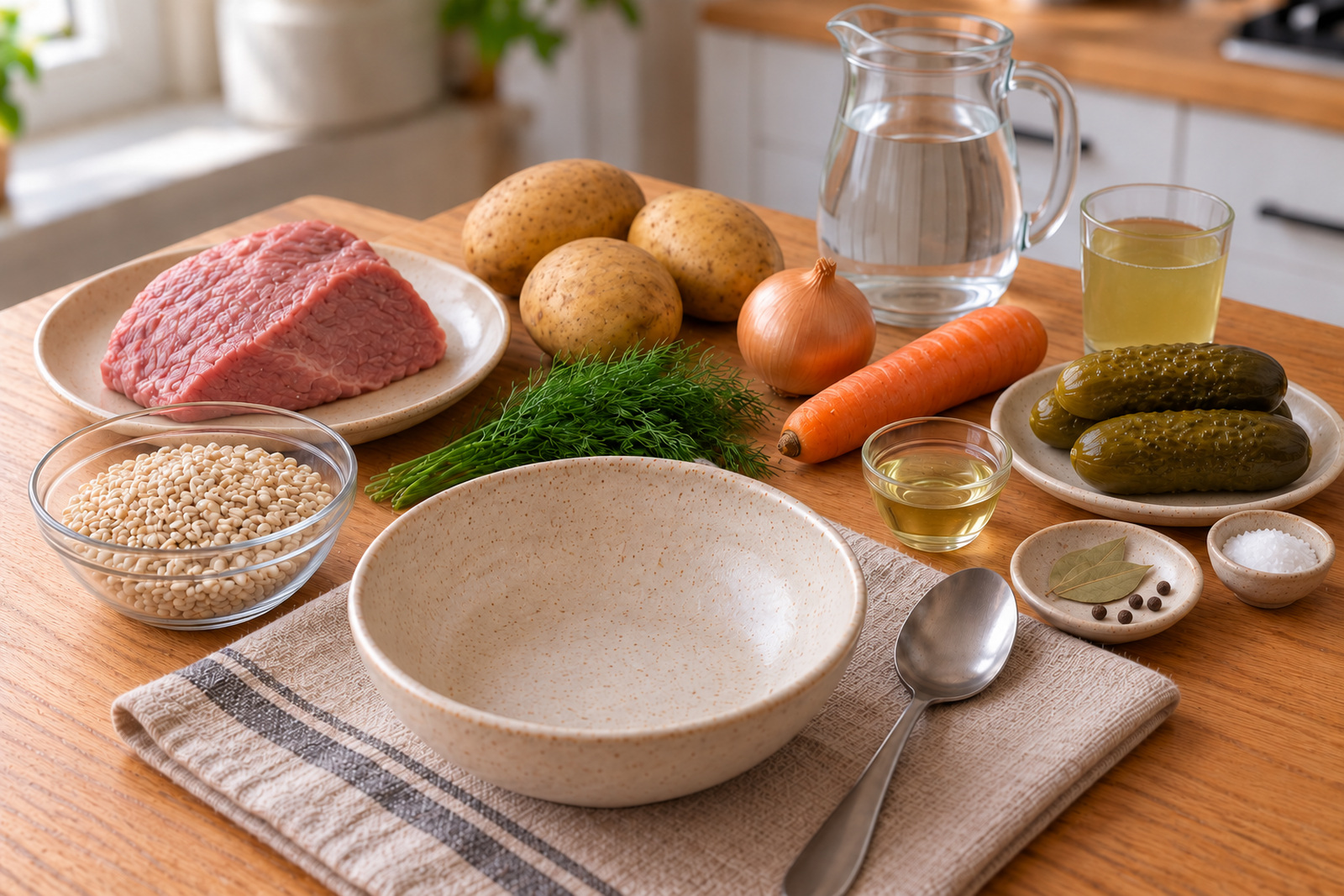 Продукты для рассольника с телятиной и перловкой